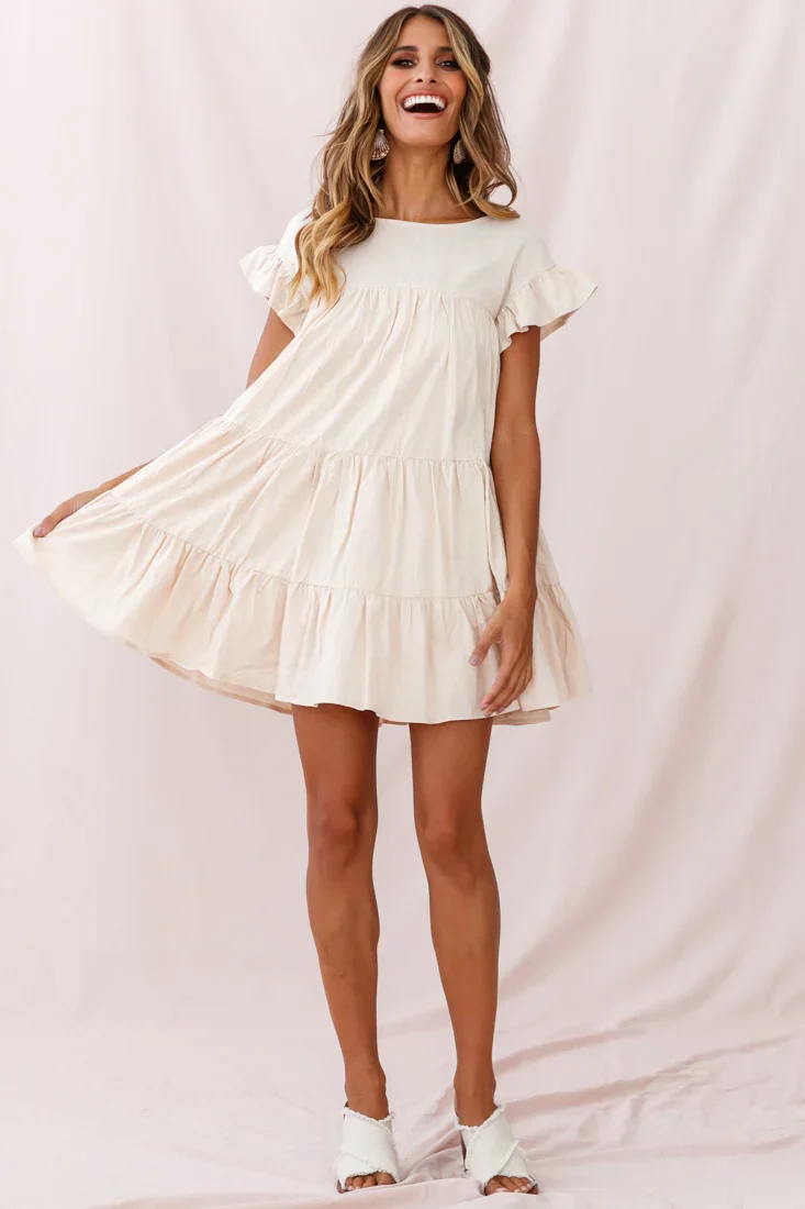 Hyacinth Ruffle Sleeve Smock Dress Beige