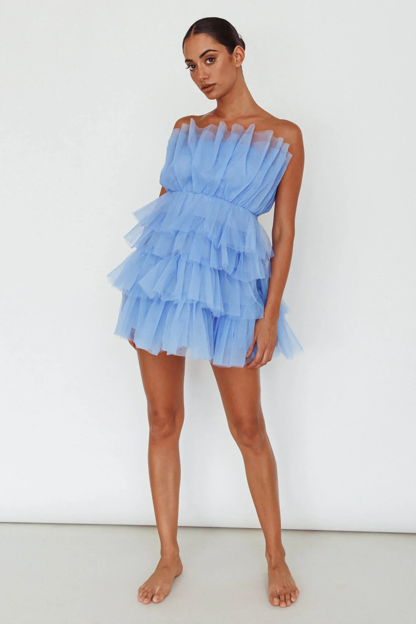 Bon Bon Tiered Mesh Mini Dress Steel Blue