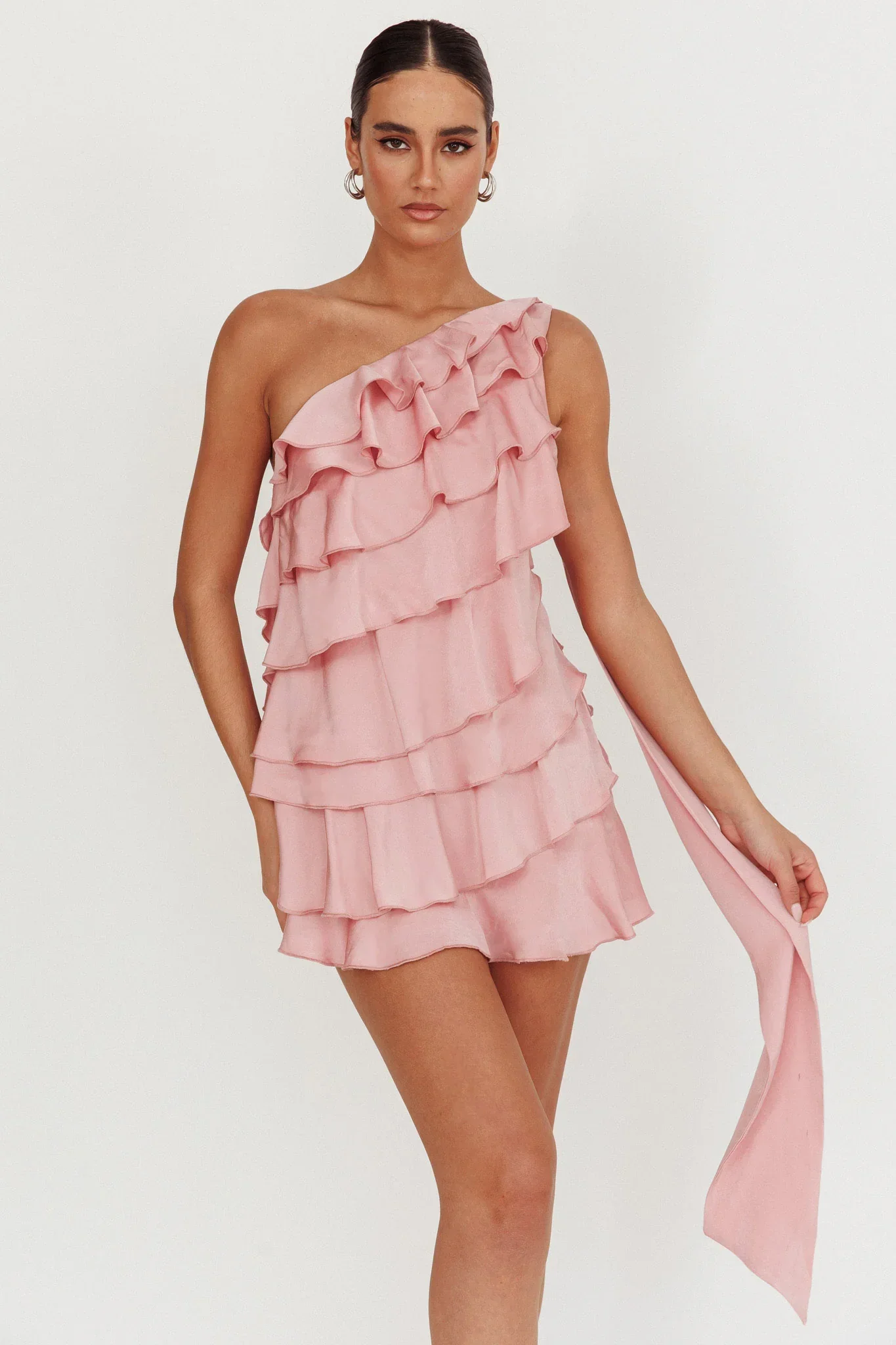 Arrabel Tiered Ruffle One Shoulder Mini Dress Pink