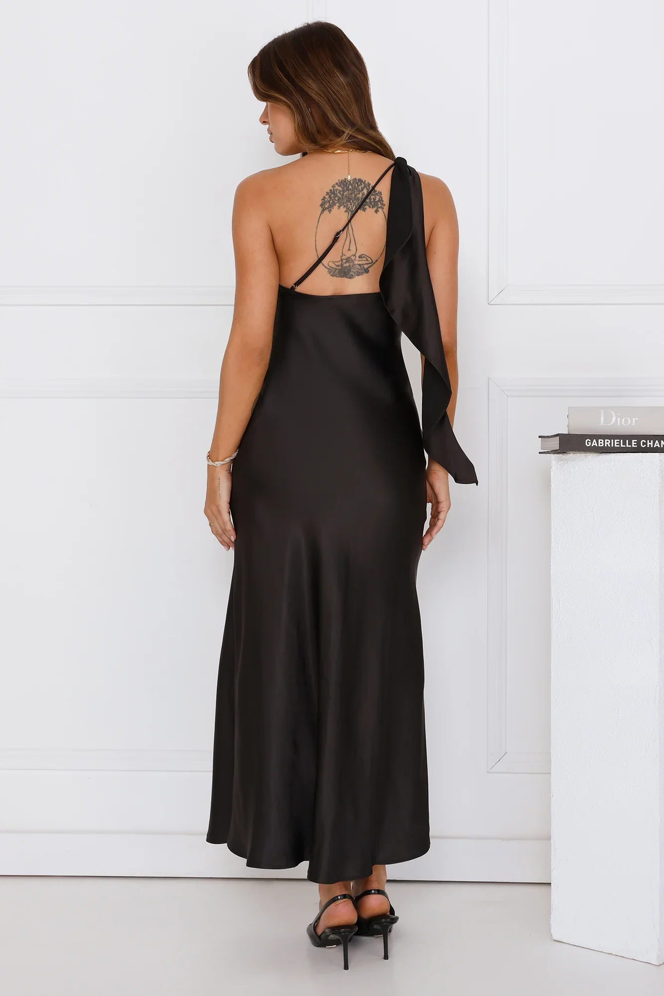 Romantic Tales Satin One Shoulder Maxi Dress Black