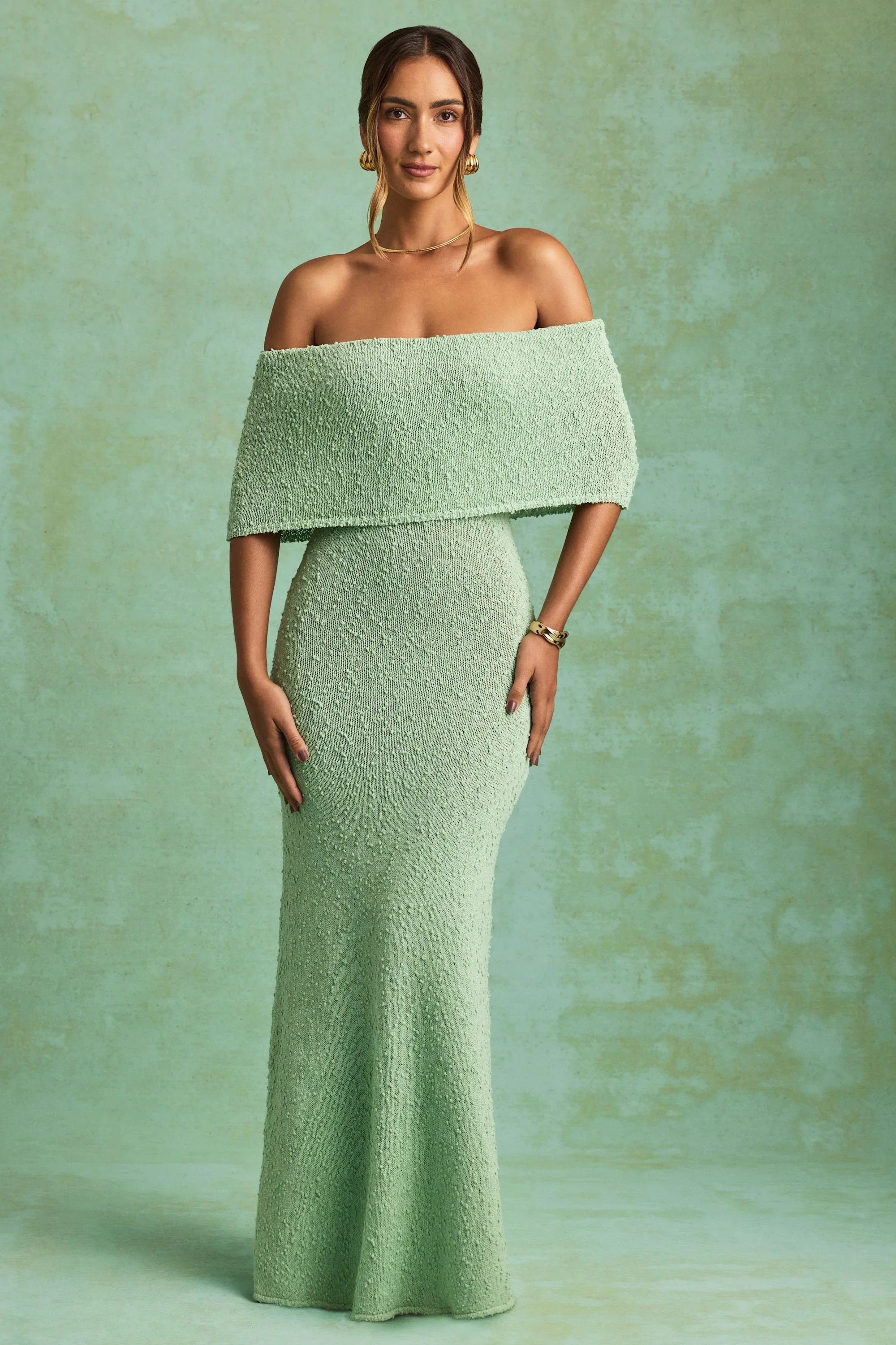 Bouclé Off-Shoulder Maxi Dress in Mint