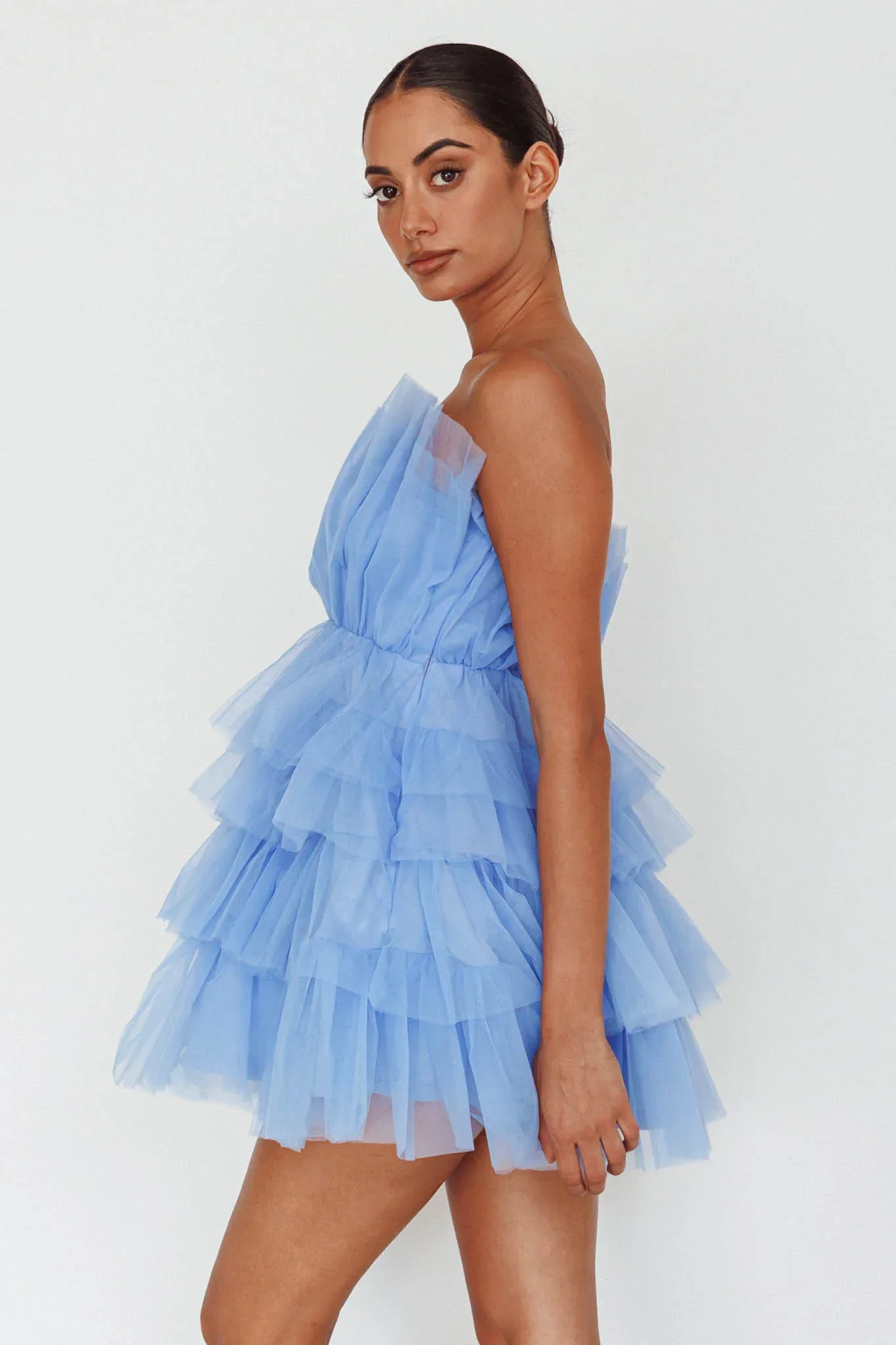 Bon Bon Tiered Mesh Mini Dress Steel Blue