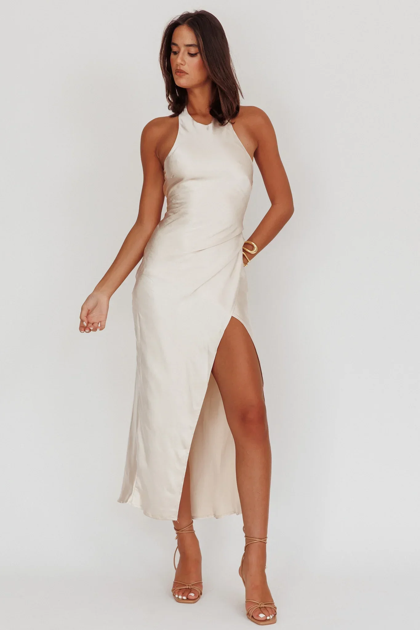 Sonoma Halterneck Twist Back Maxi Dress Champagne