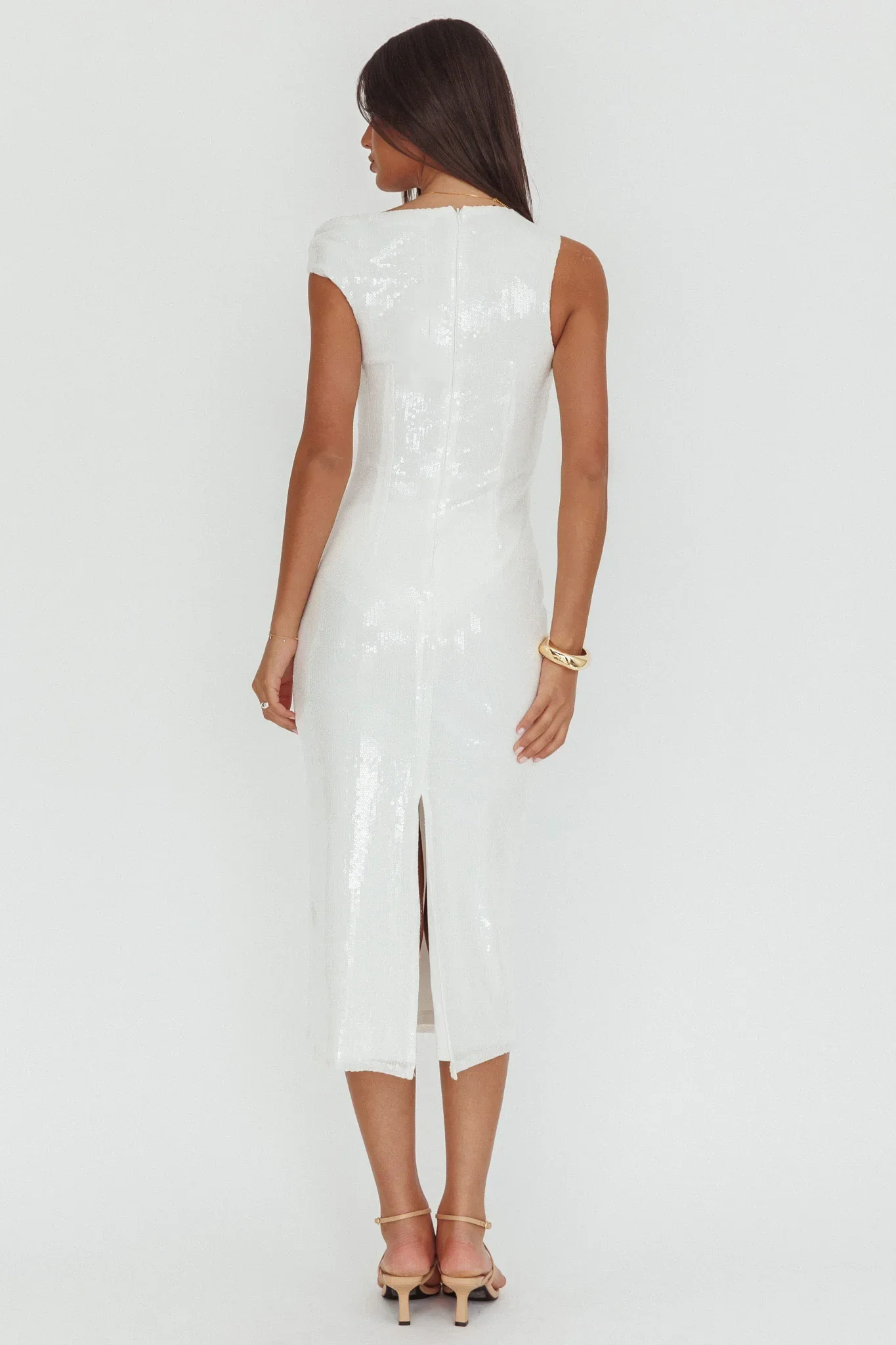 Country Club Asymmetric Neckline Midi Dress Sequin White