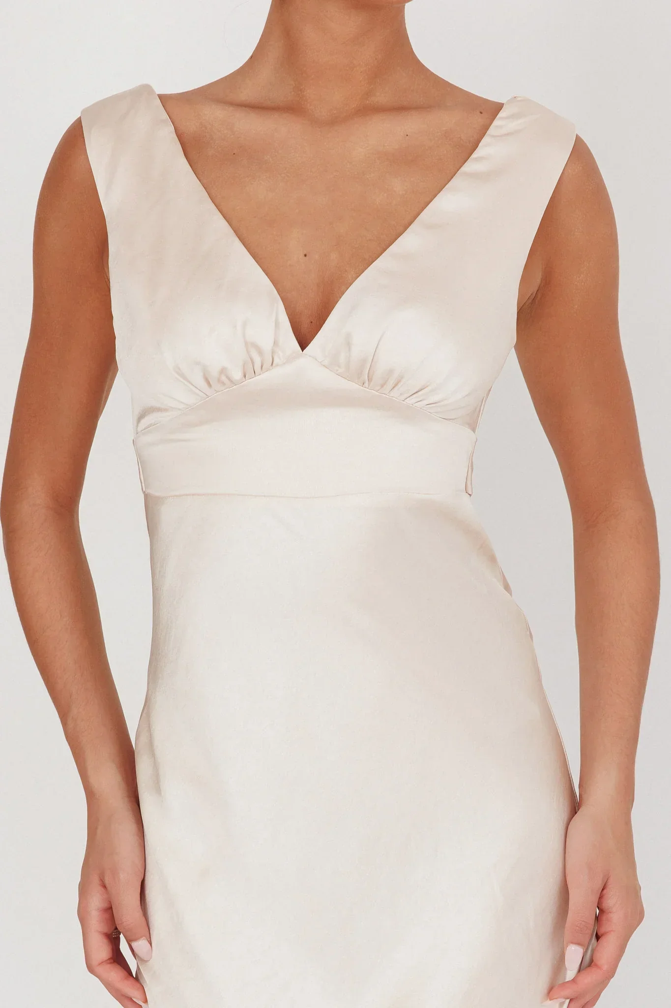 Leila V-Neck Low Back Satin Midi Dress Ivory