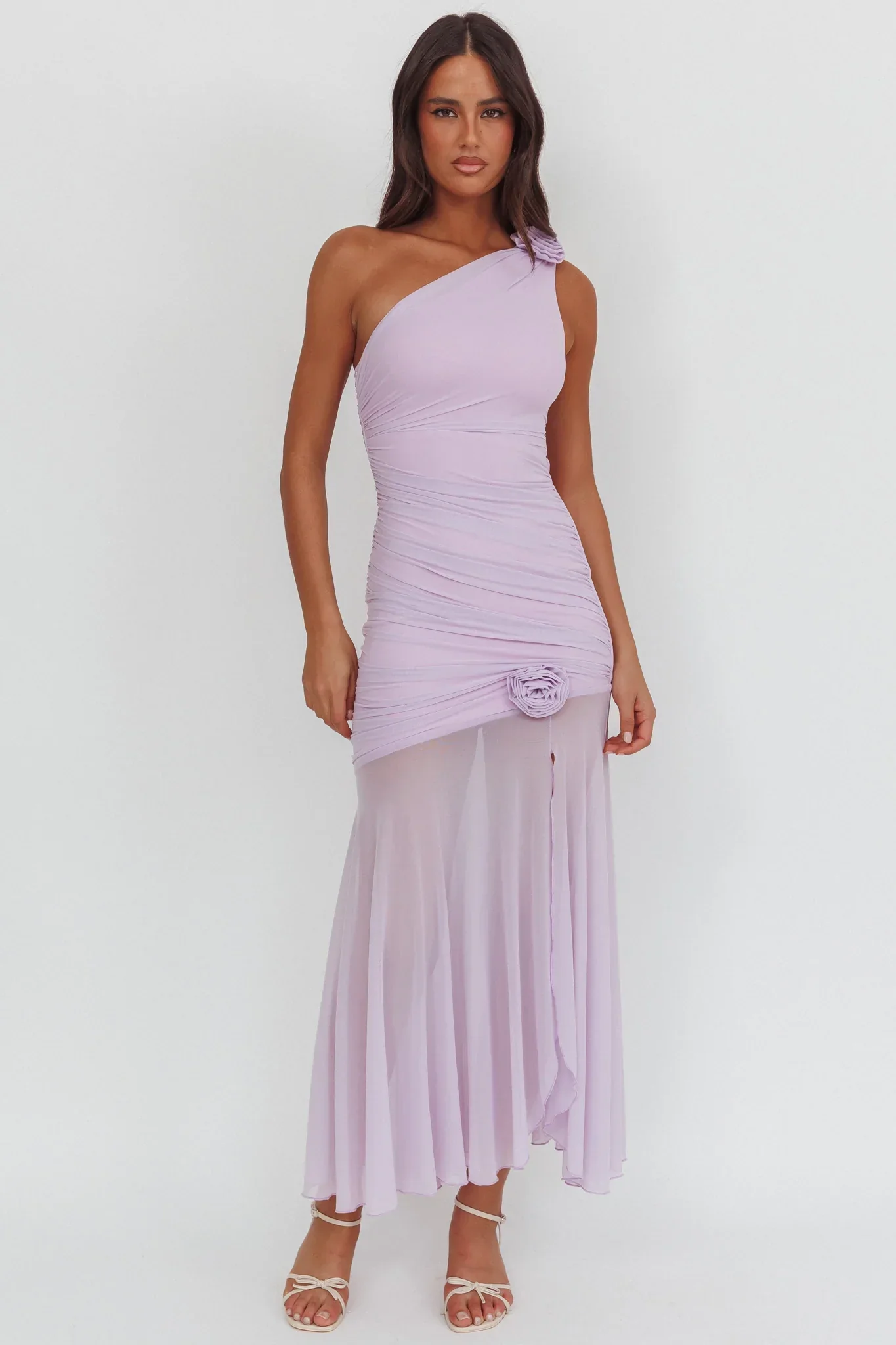Lost Love One-Shoulder Sheer Hem Maxi Dress Lilac