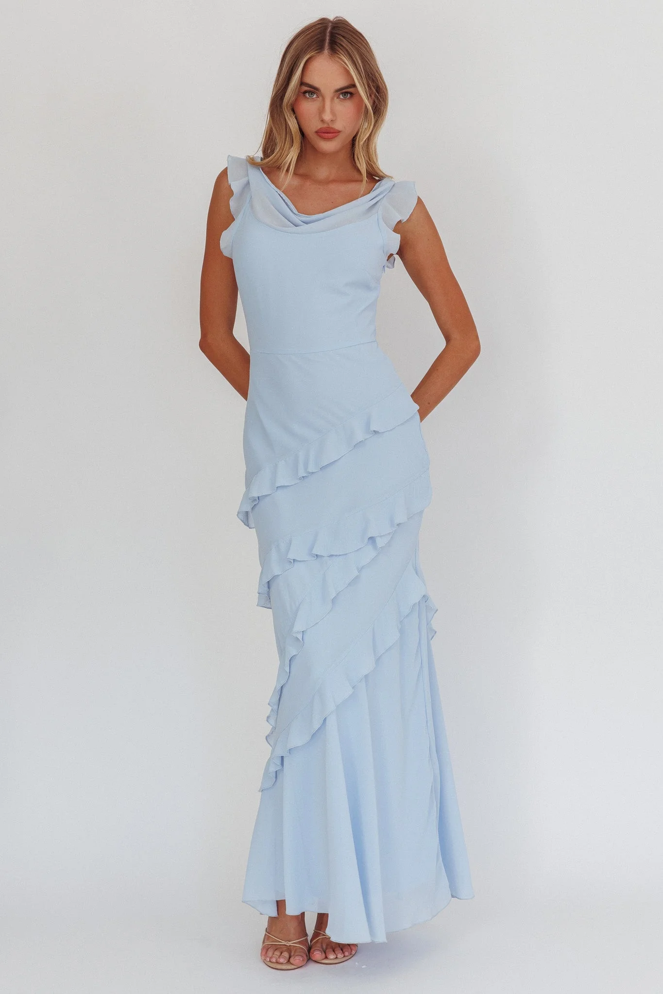 Sangria Cowl Neck Frill Maxi Dress Blue