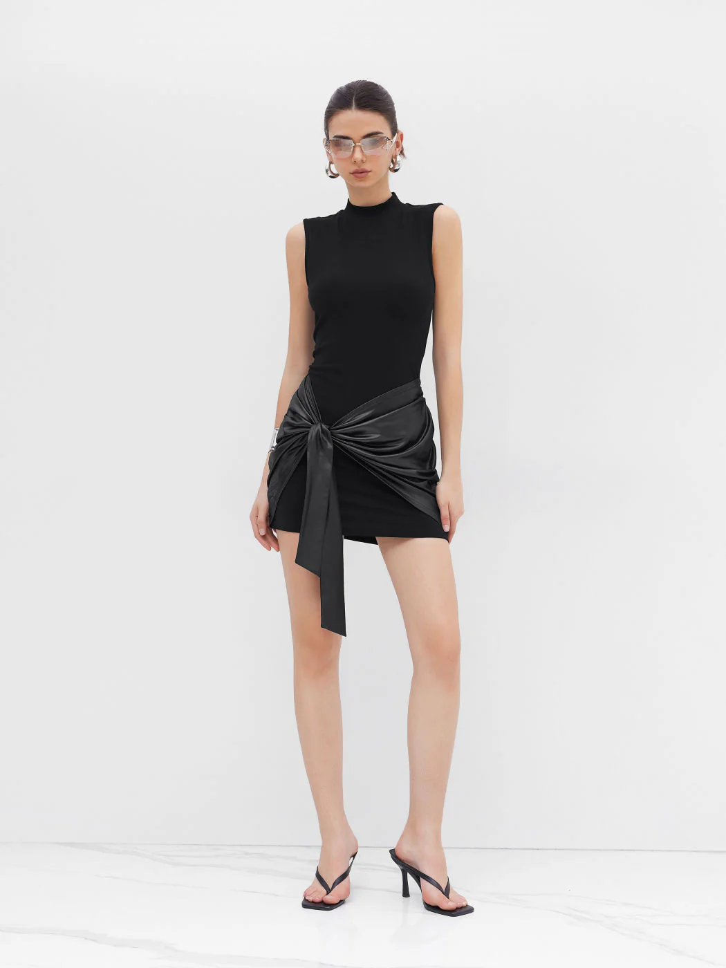 High Neck Ruched Knotted Mini Dress