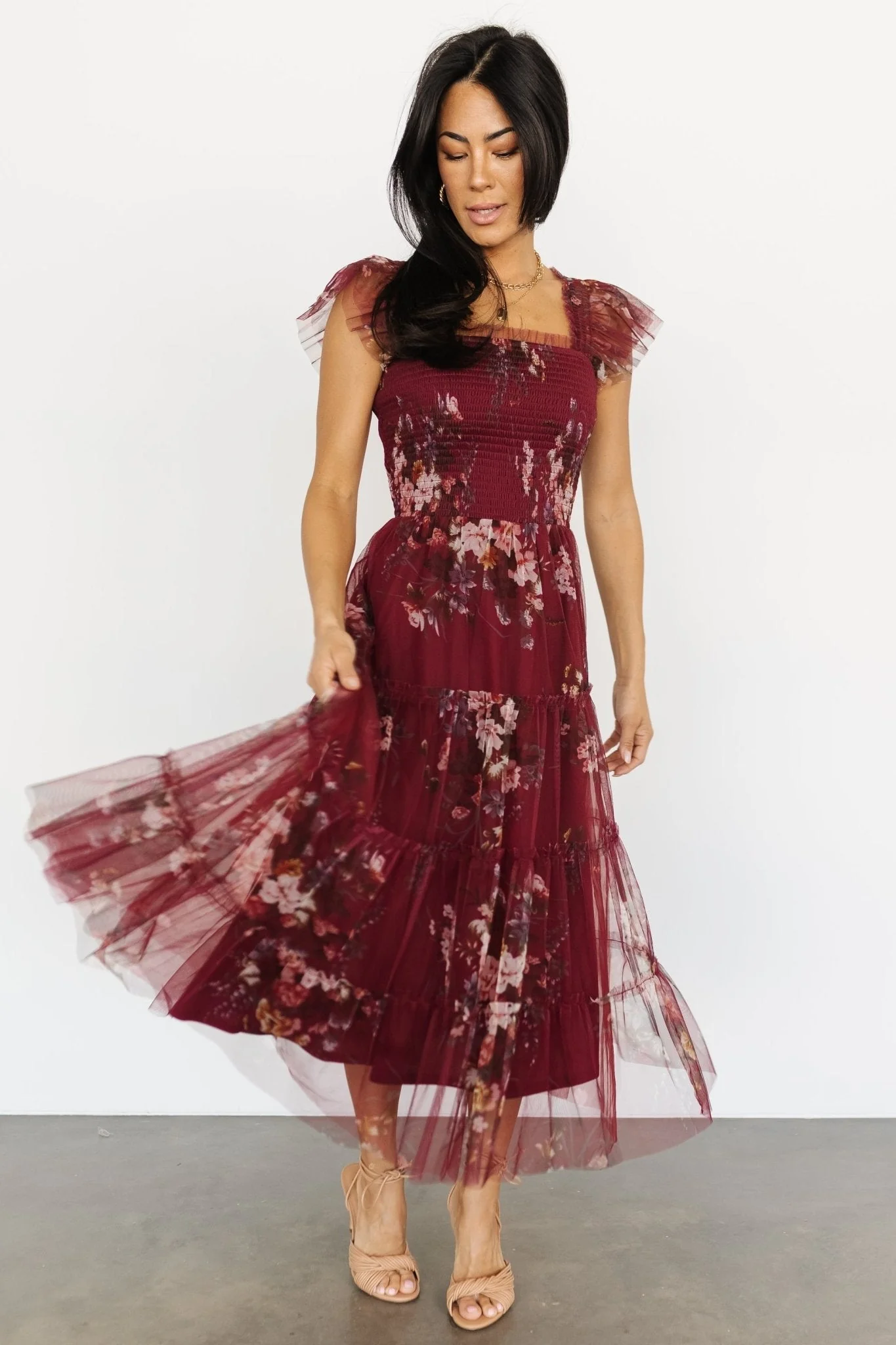 Clementine Tulle Midi Dress | Wine Multi