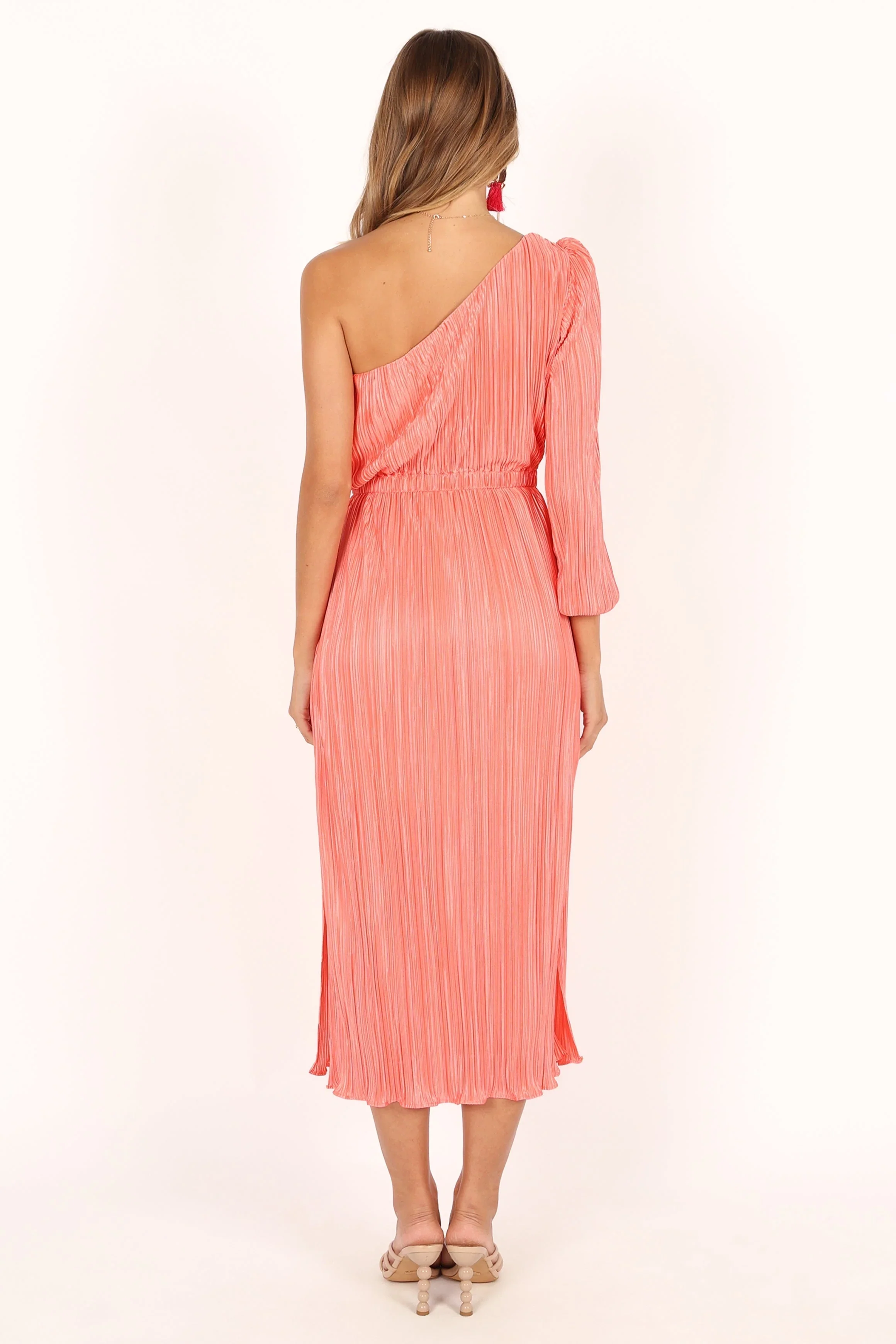 Pontee One Shoulder Pleated Midi Dress - Coral