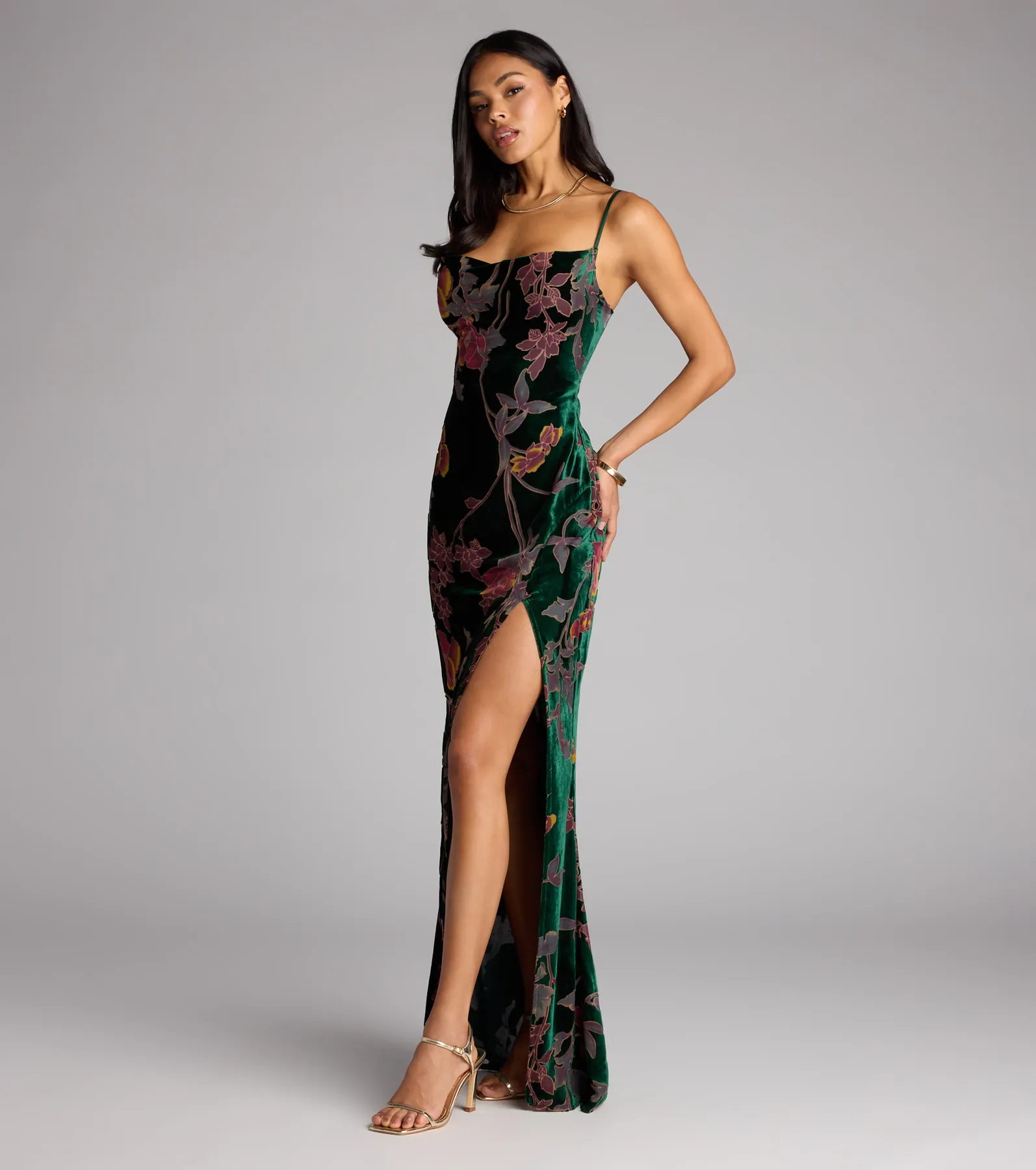 Melanie Floral Velvet Lace-Up Formal Dress