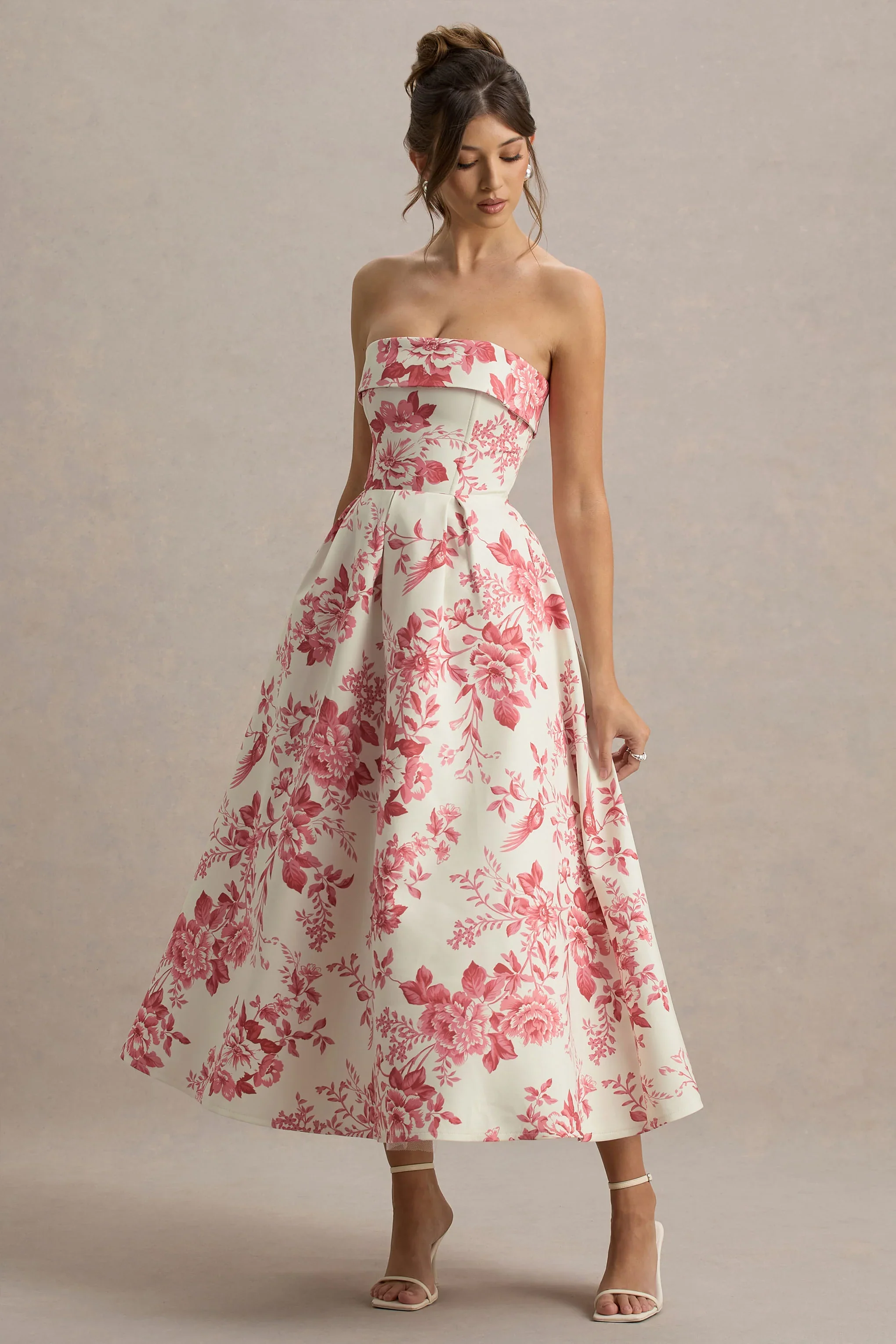 Annalise | Pink Porcelain Print Bandeau Skater Midi Dress