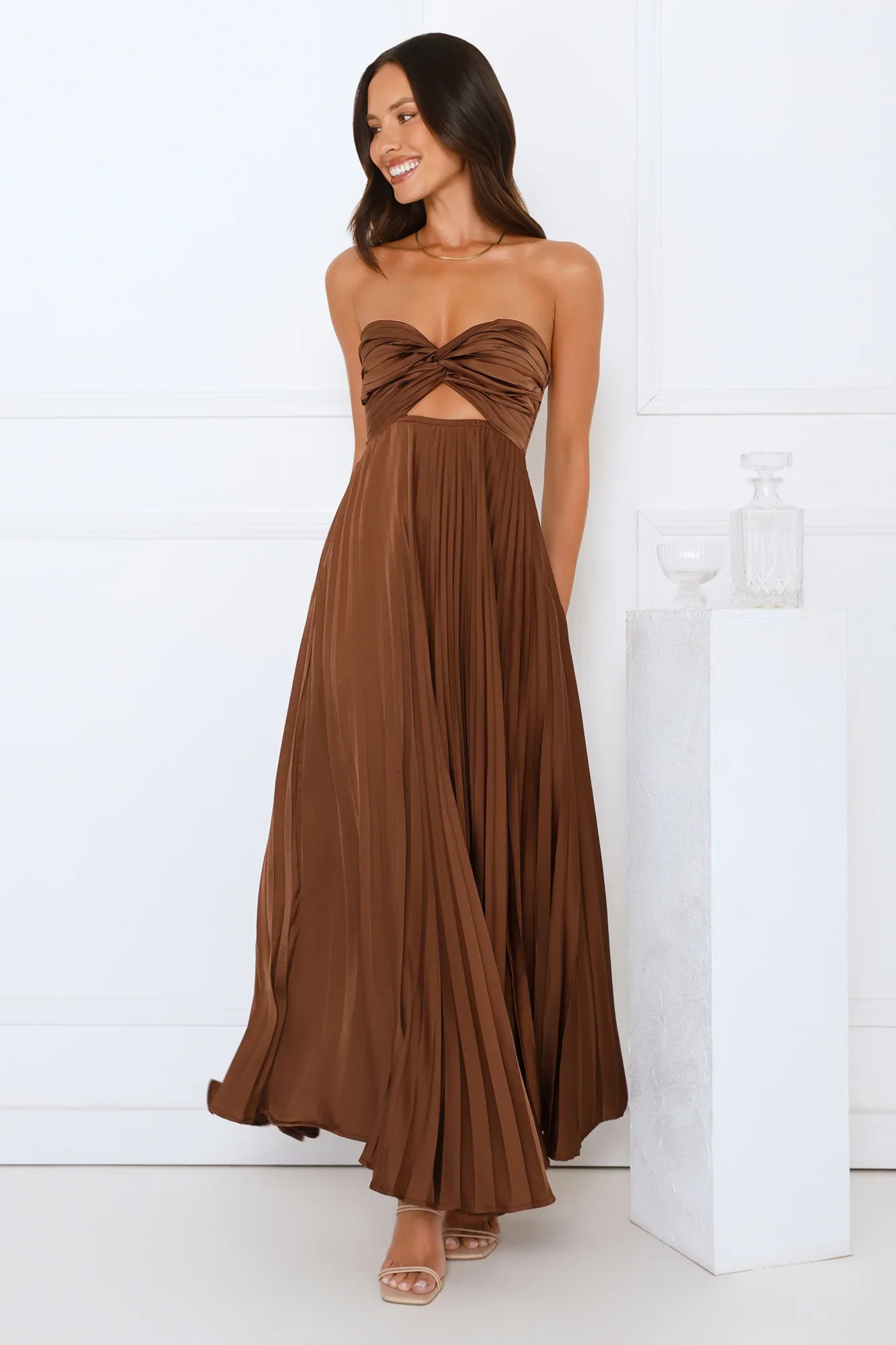 Vibes Are Priceless Strapless Satin Pleated Maxi Dress