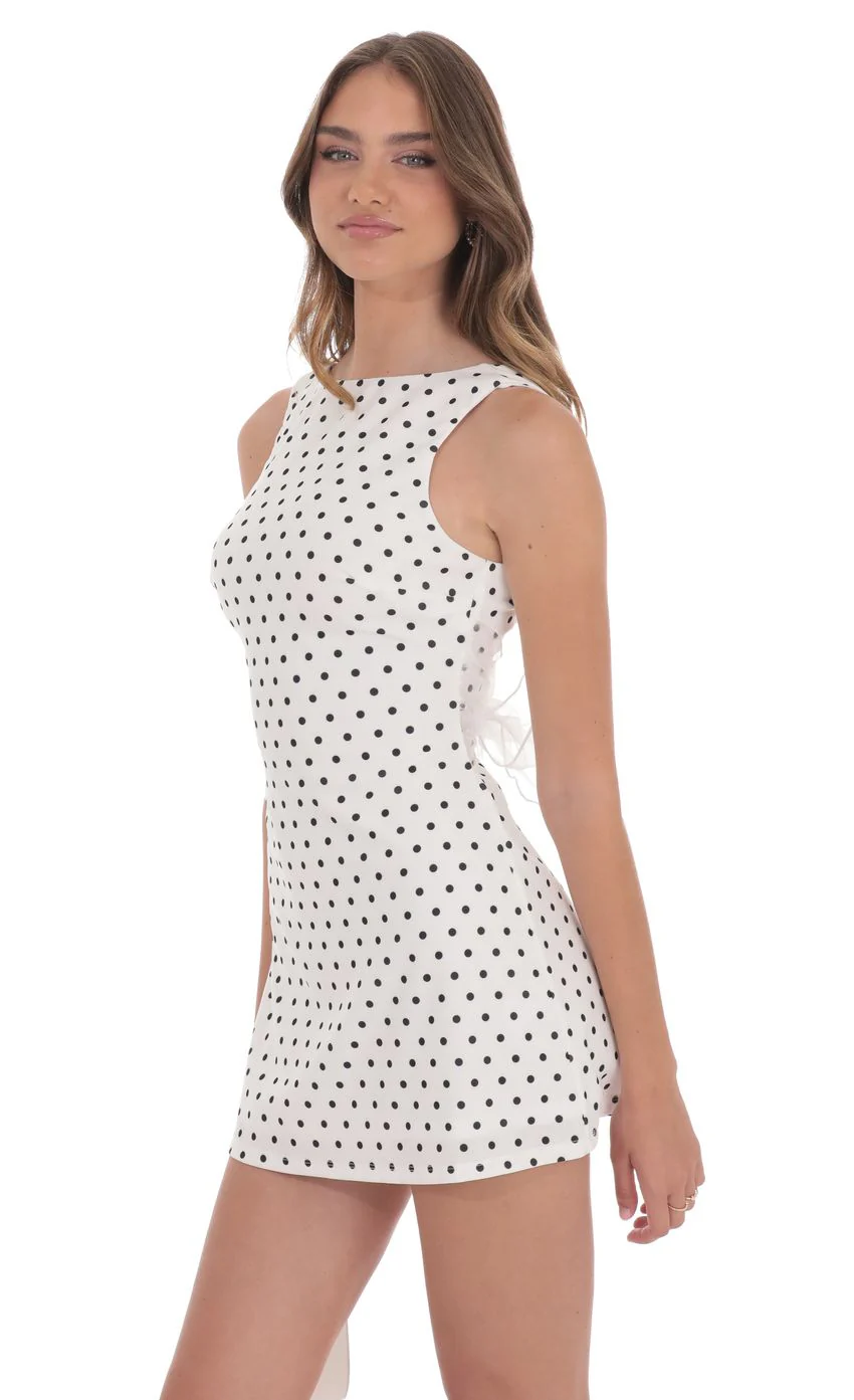 Polka Dot High Neck Back Bow Dress in White