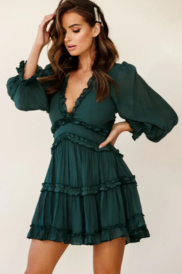 Laney Cutout Back Balloon Sleeve Dress Green