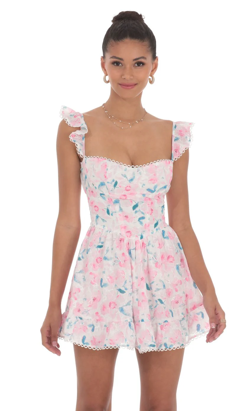 Embroidered Trim Floral A-line Dress in White