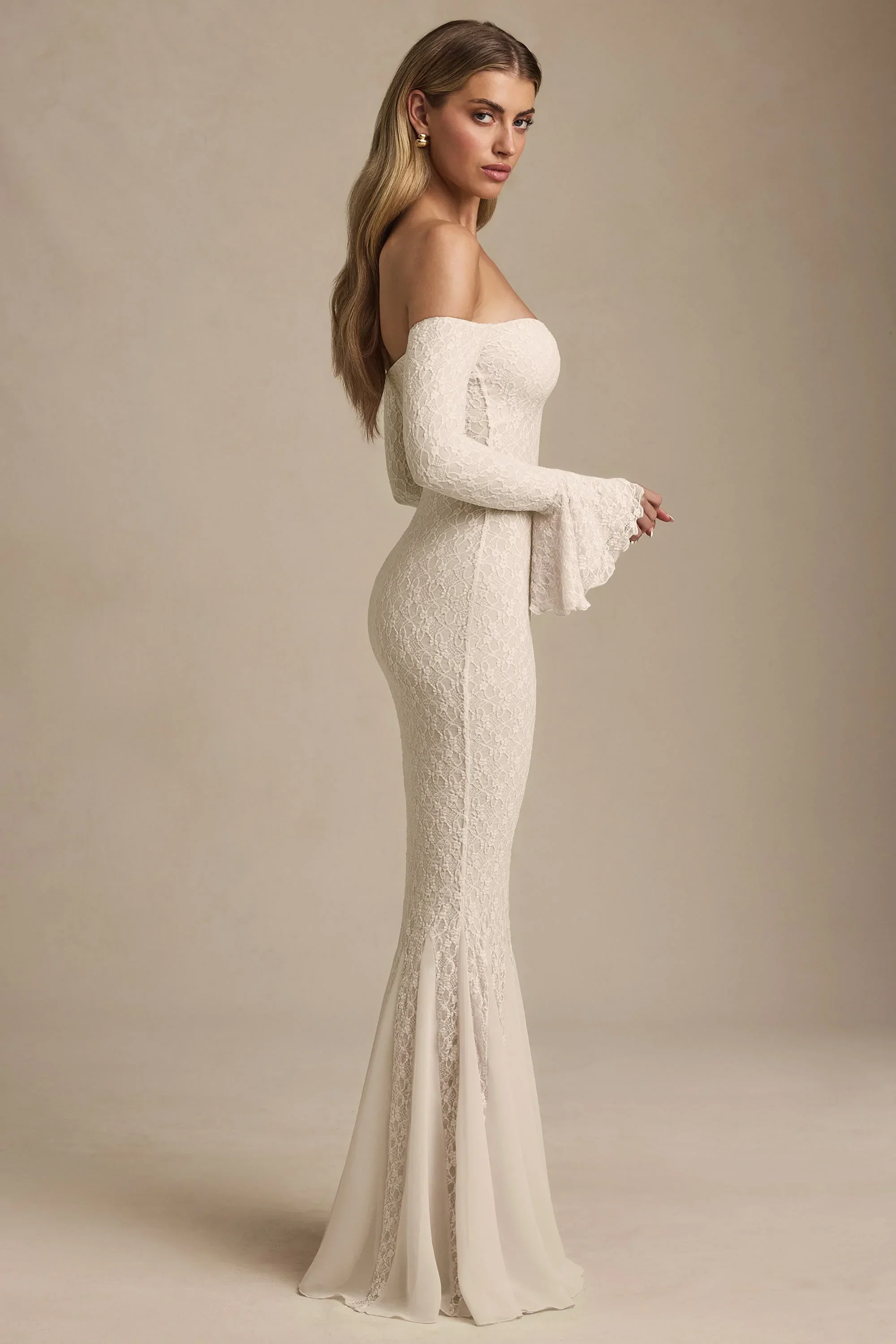 Off-Shoulder Ruffle Lace Maxi Dress in Ivory