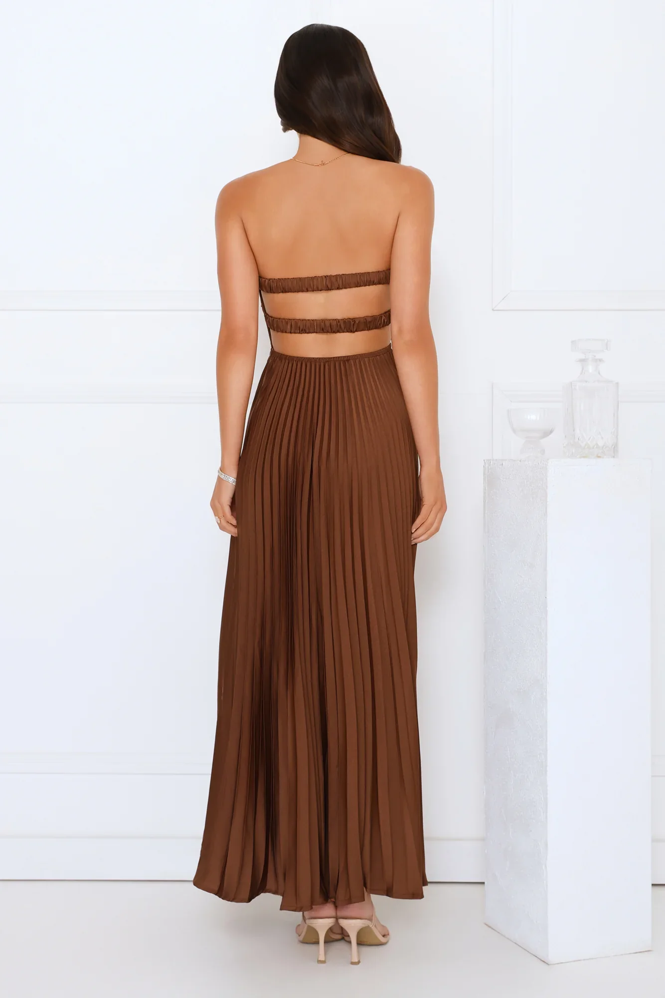 Vibes Are Priceless Strapless Satin Pleated Maxi Dress