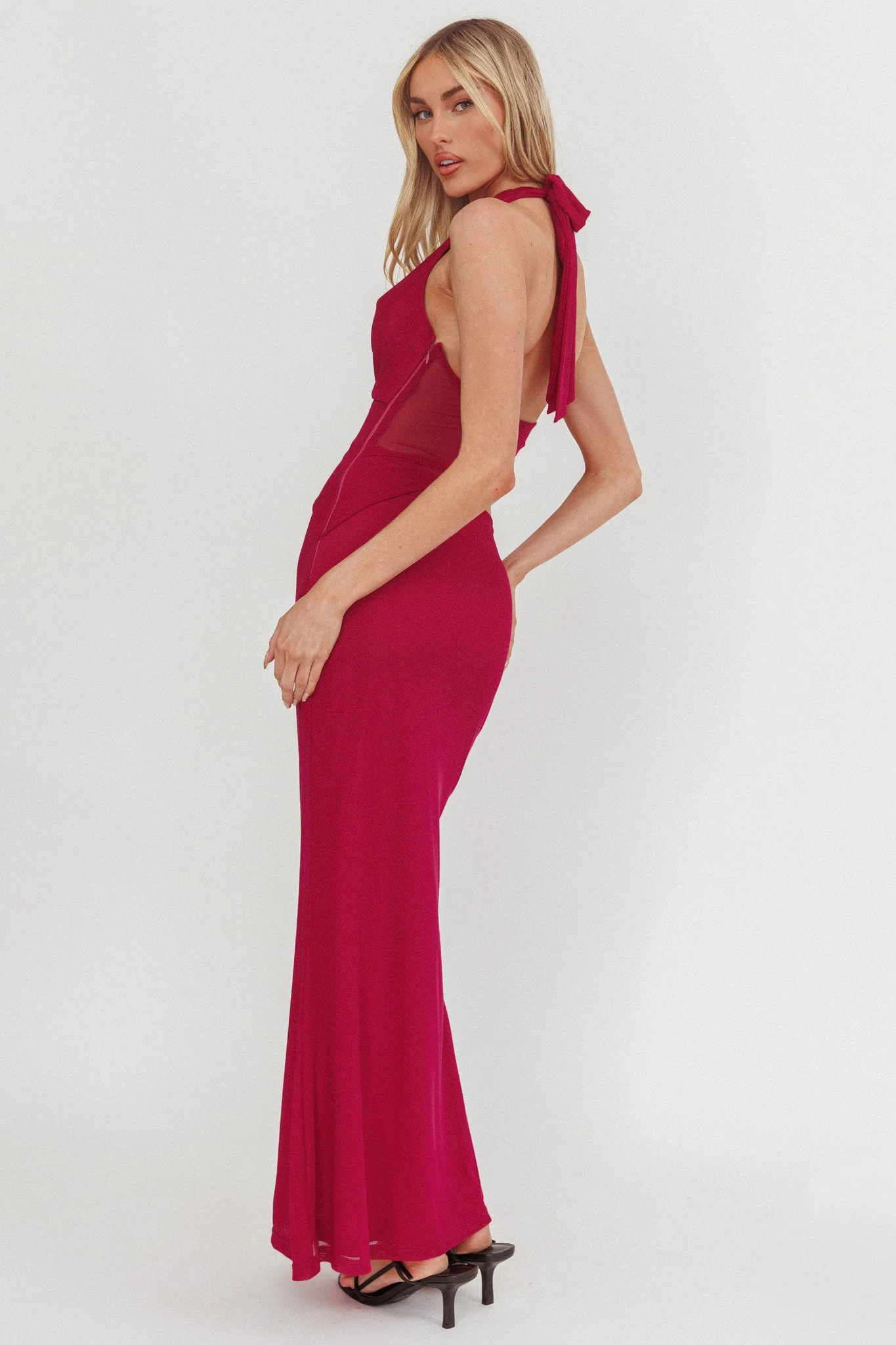 Playing Games Cut-Out Cowl Halter Dress Berry