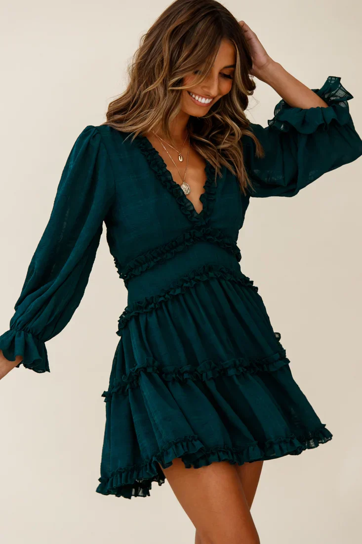 Laney Cutout Back Balloon Sleeve Dress Forest Green