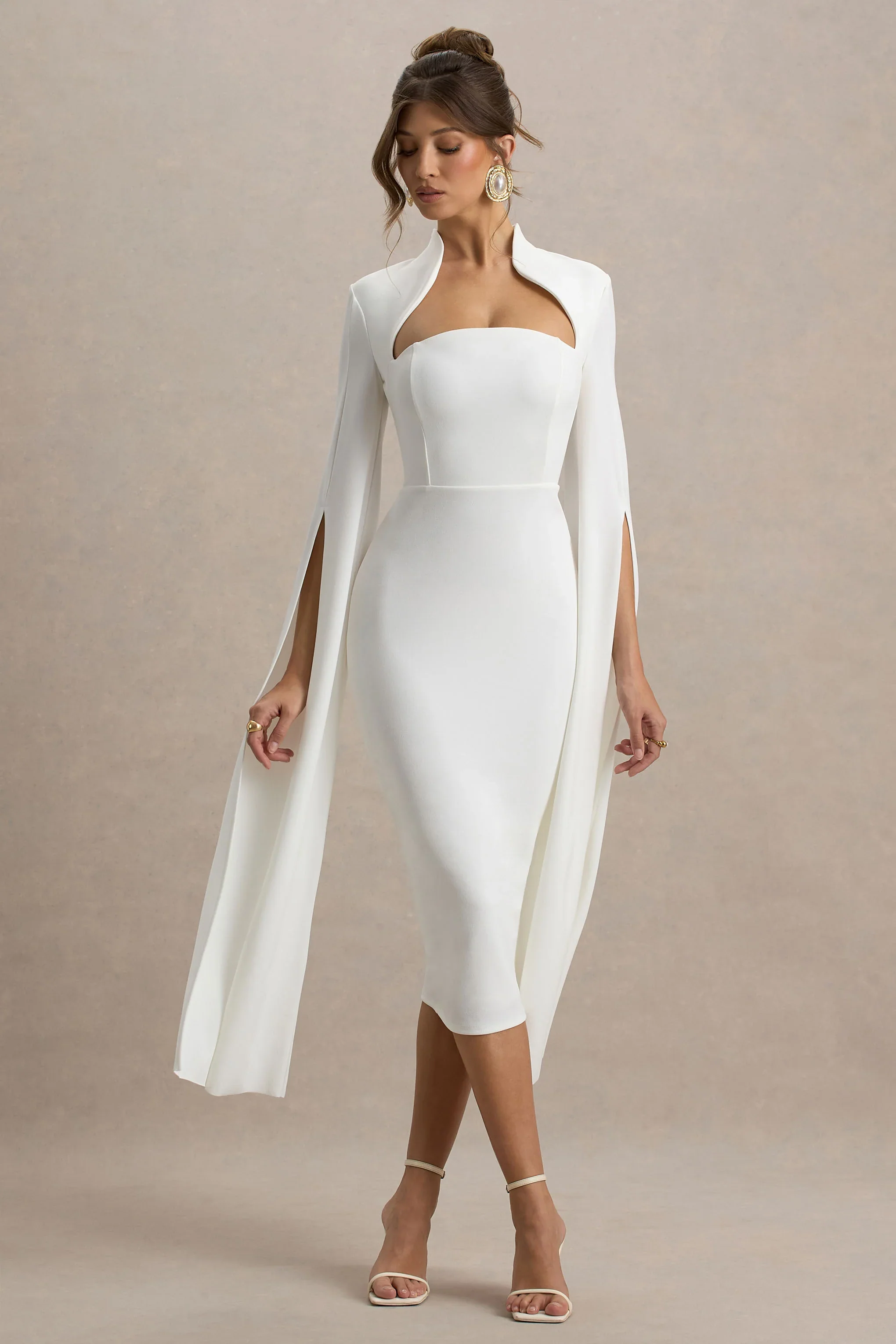 Linden | White Bodycon Cape-Sleeve Midi Dress