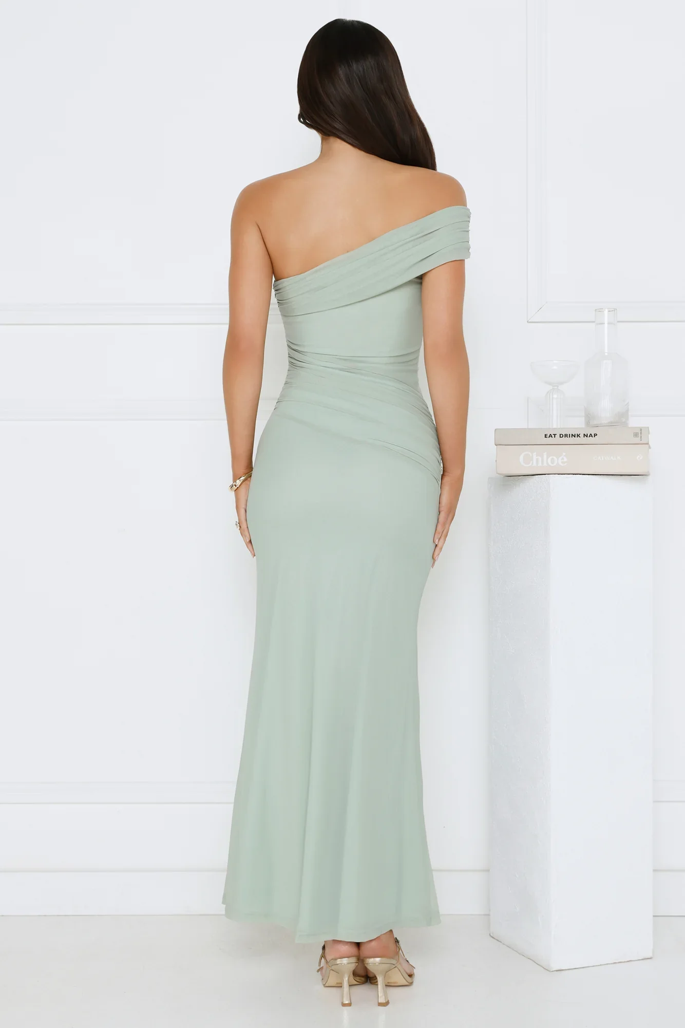 Wild Whimsy One Shoulder Mesh Maxi Dress Sage