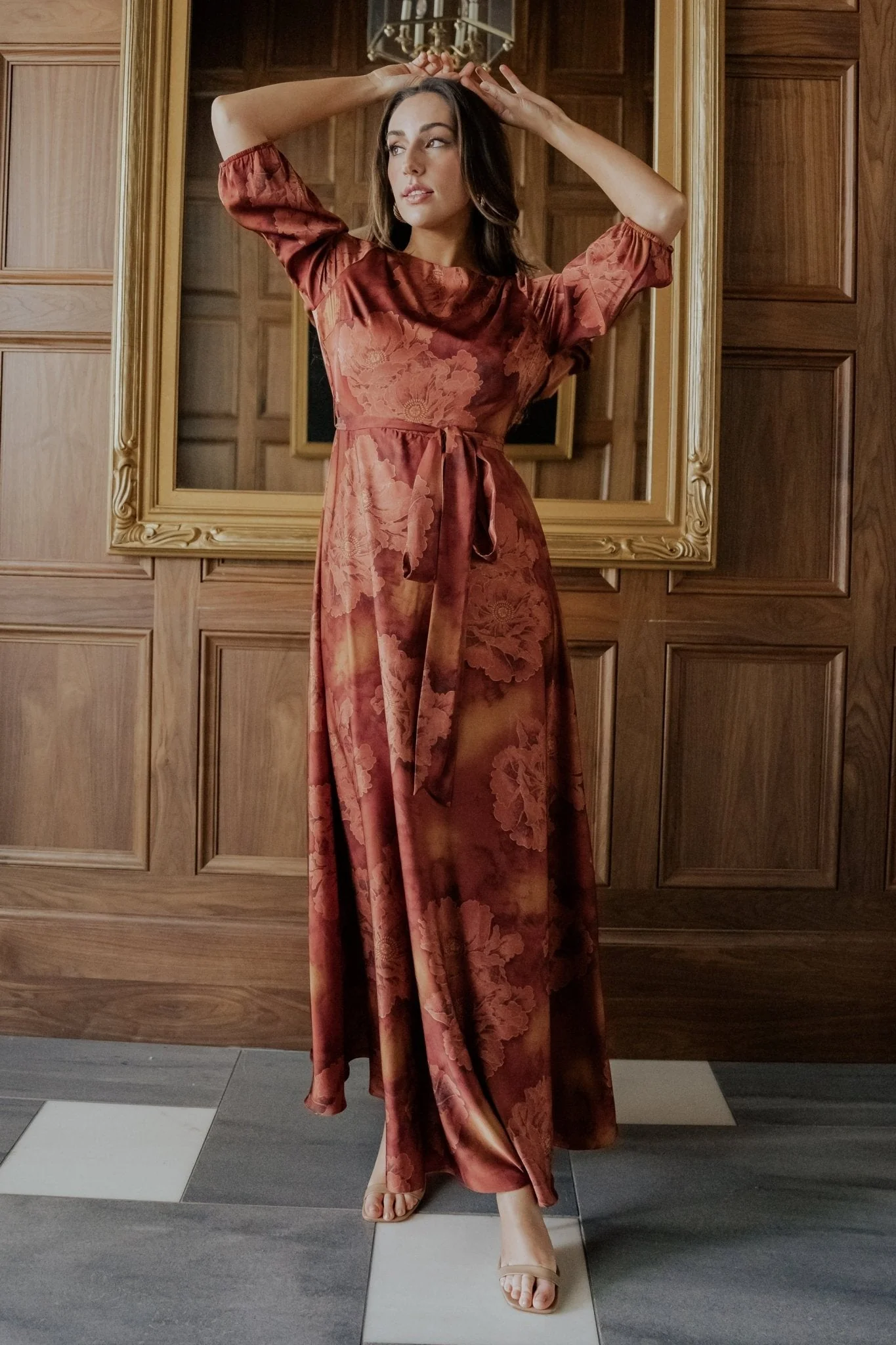 Paula Satin Maxi Dress | Terracotta Floral