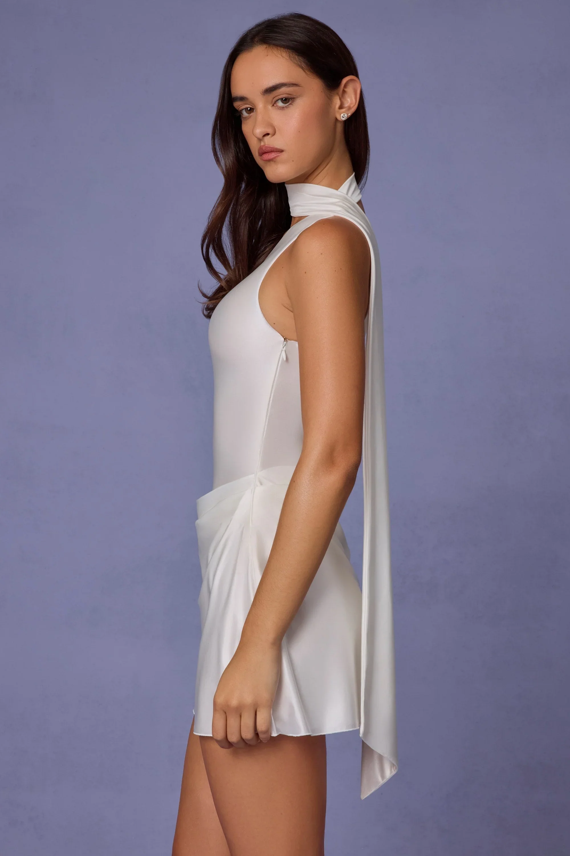 Asymmetric Scarf-Detail Mini Dress in White