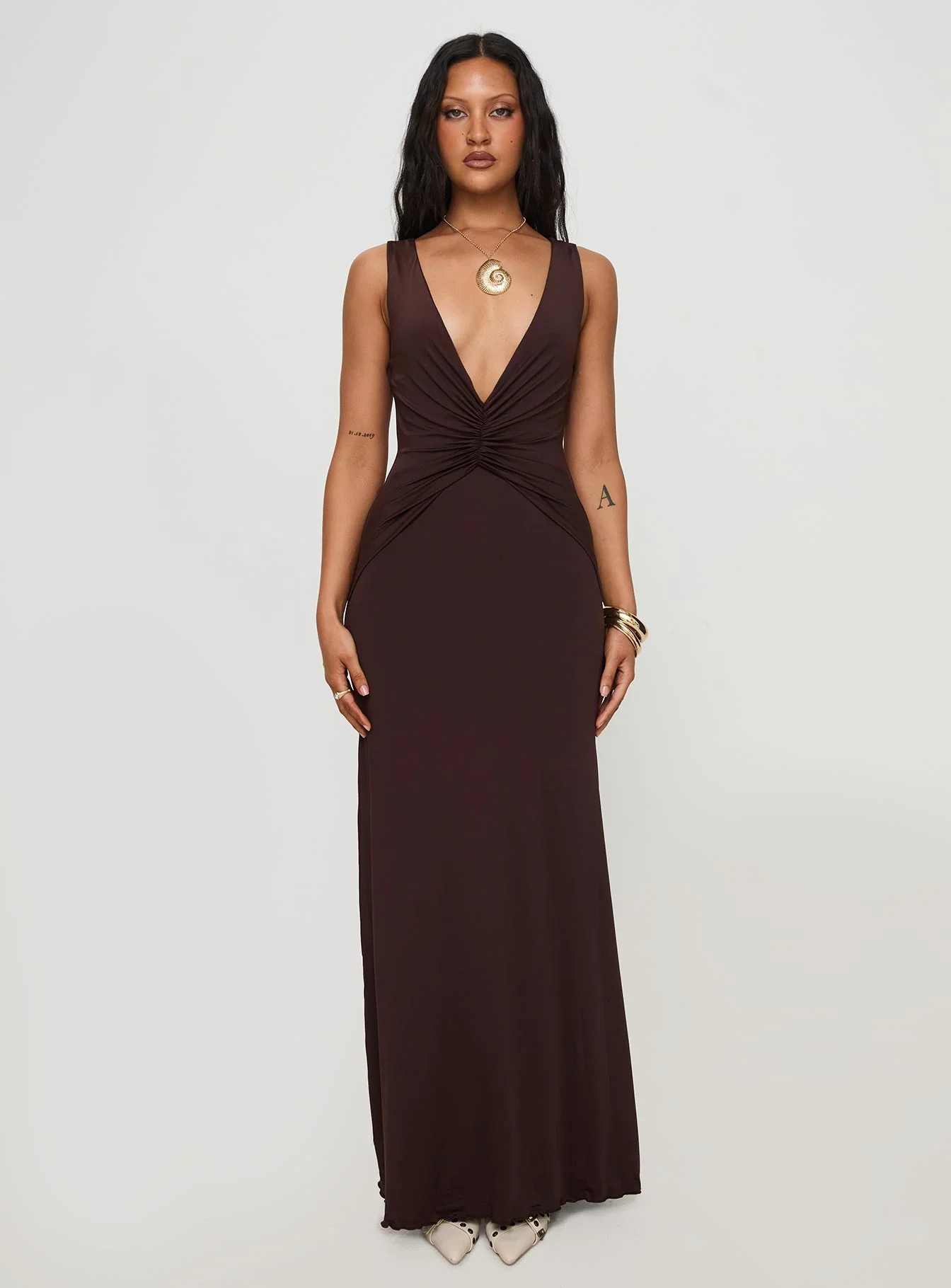 Frederica Plunge Maxi Dress Chocolate