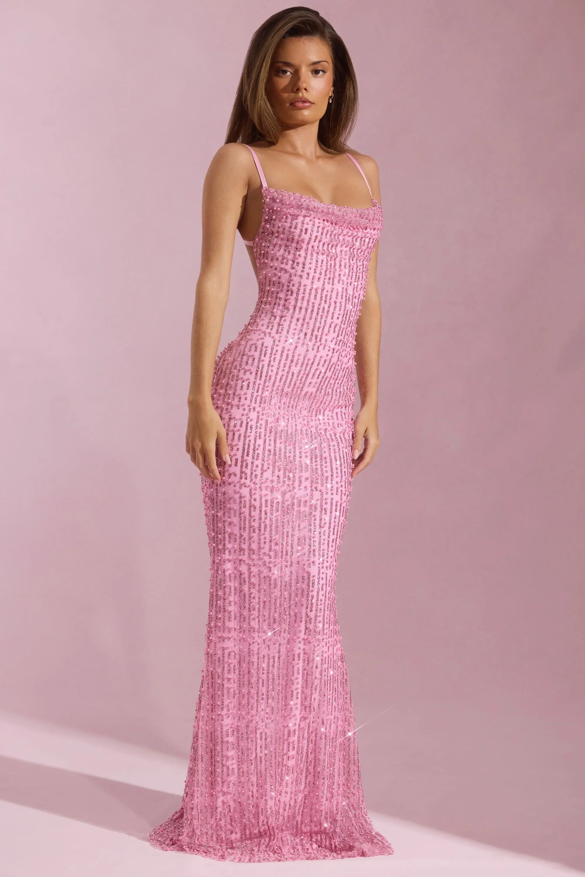 Embellished Cowl-Neck Backless Maxi Dress in Pink