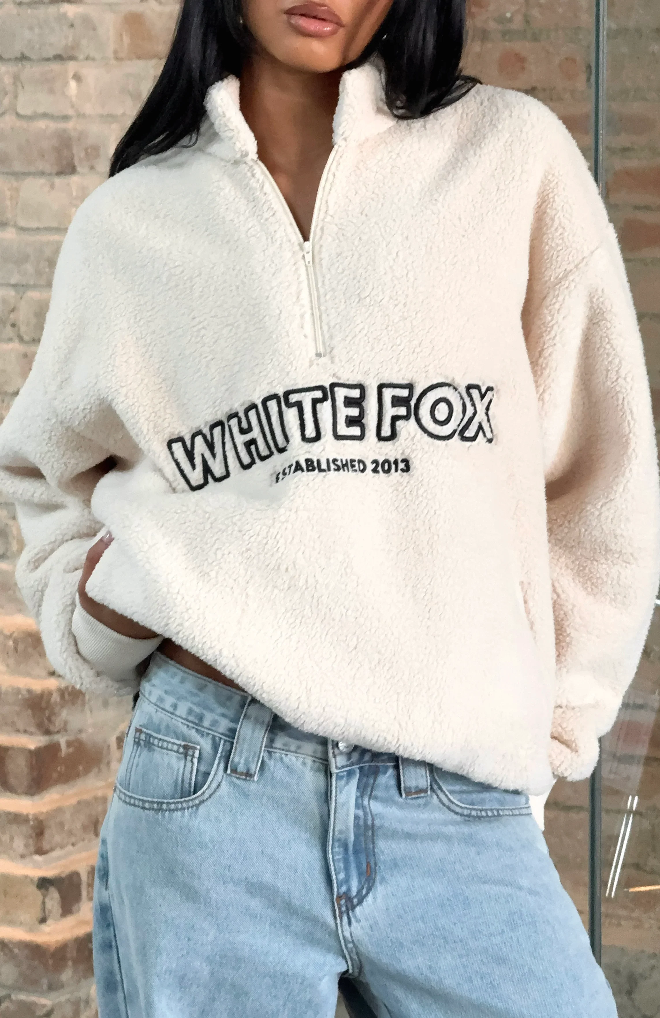 Hard To Stay Focused Teddy Borg Zip Front Sweater Cream