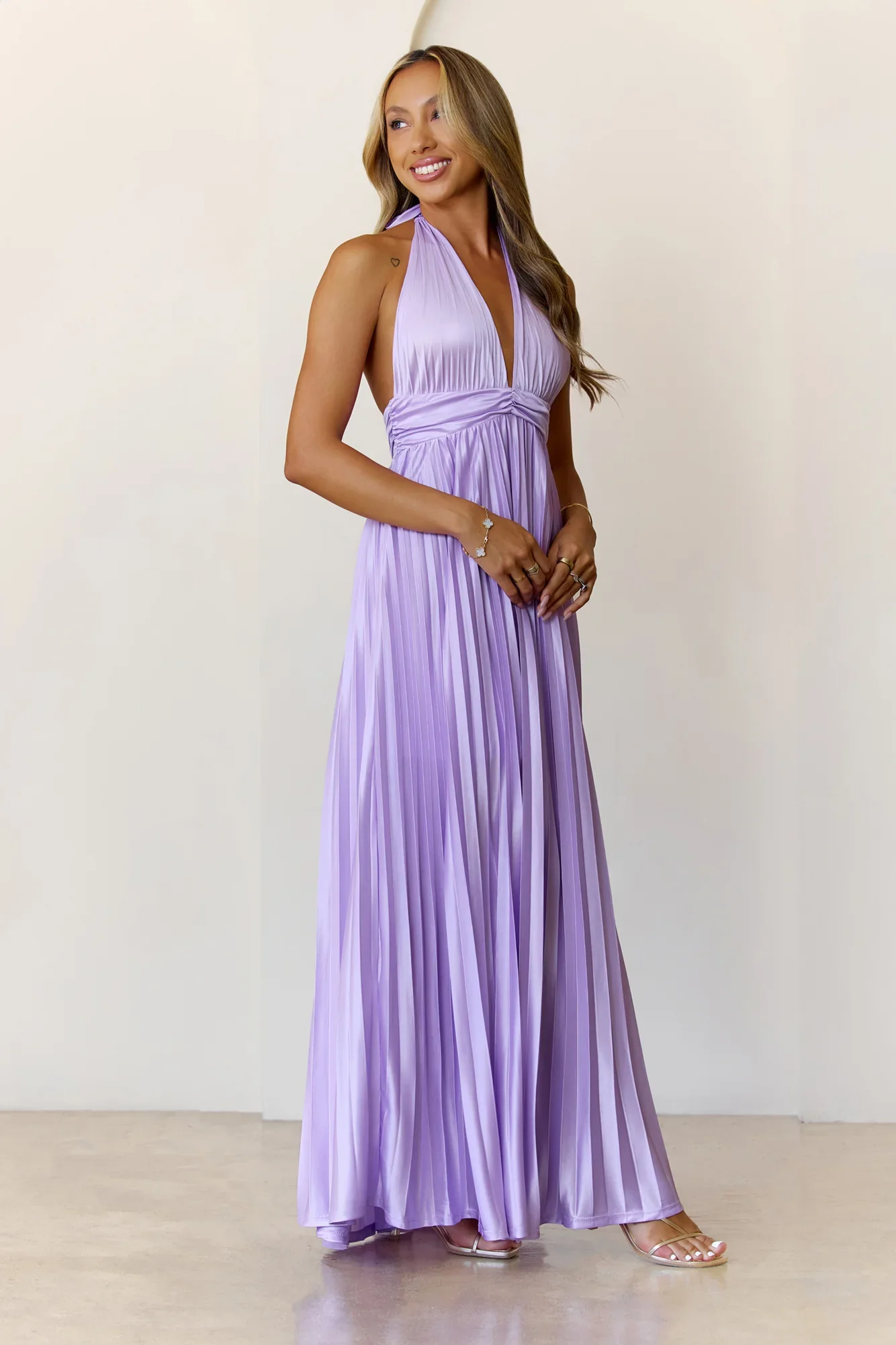 Shimmering Sea Pleated Halter Maxi Dress