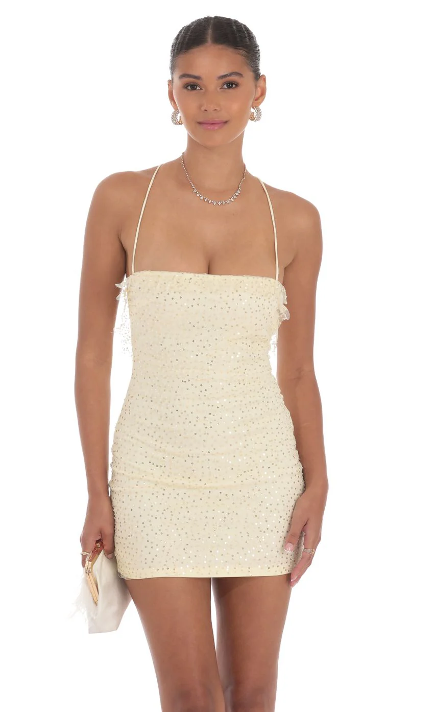 Sequin Ruffle Mini Dress in Yellow
