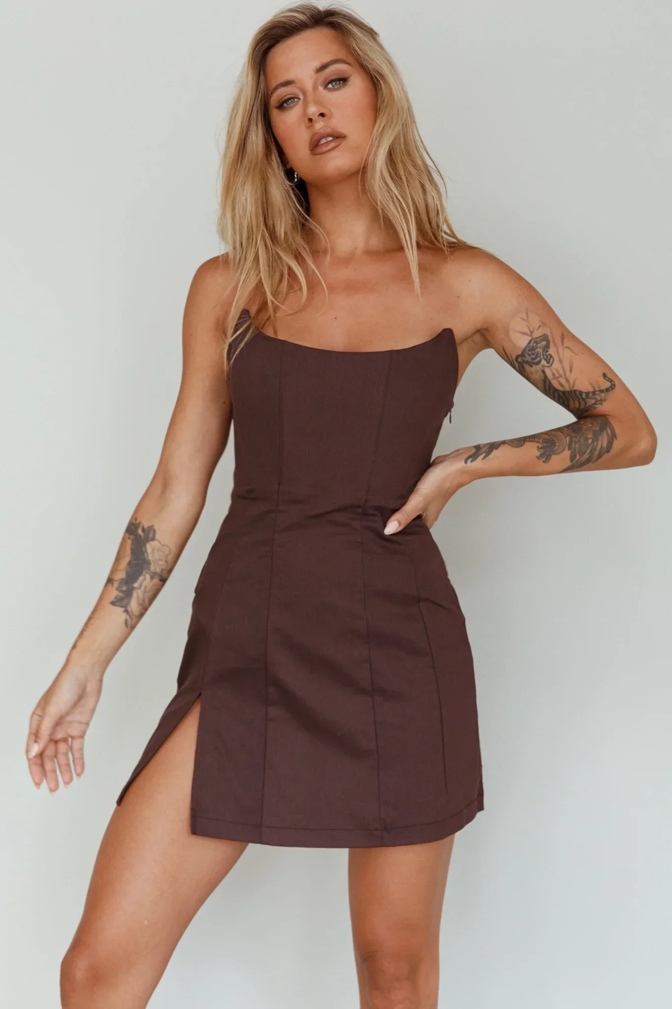 Luann Scoop Neckline Strapless Mini Dress Brown