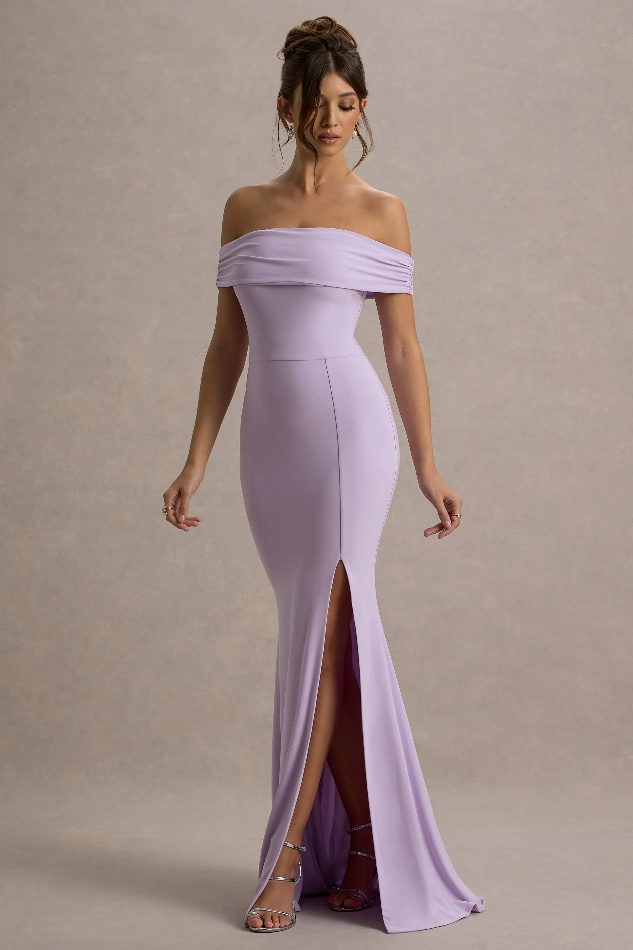 Law of Attraction | Lilac Bardot Draped Split Maxi Dress