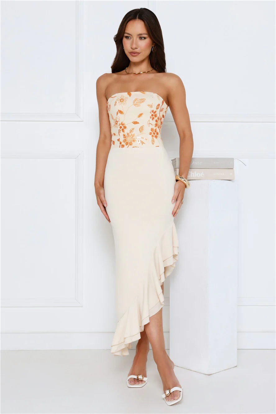 Enchanted Affection Strapless Sequin Midi Dress