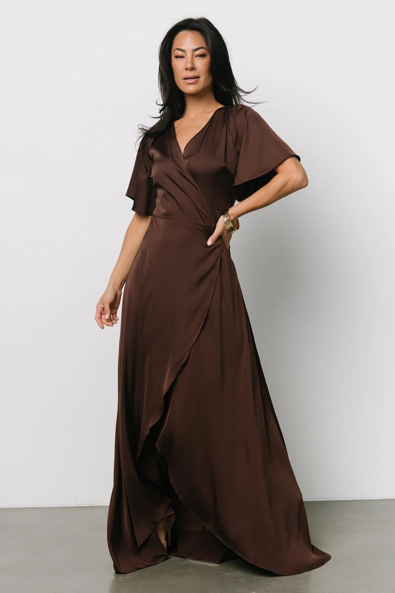 Vara Satin Maxi Wrap Dress | Espresso
