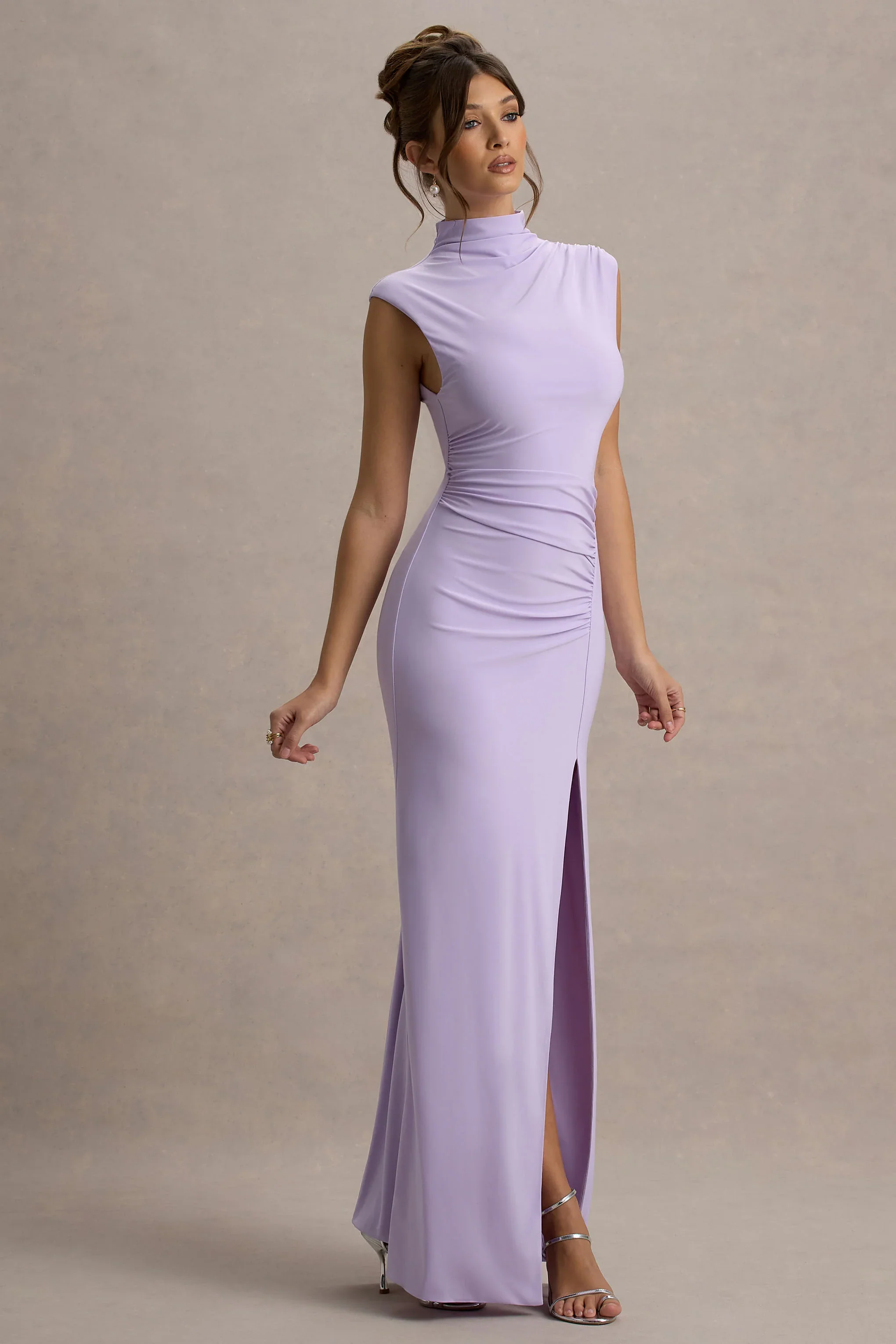 Lanetta | Lilac Ruched High-Neck Maxi Dress With Split