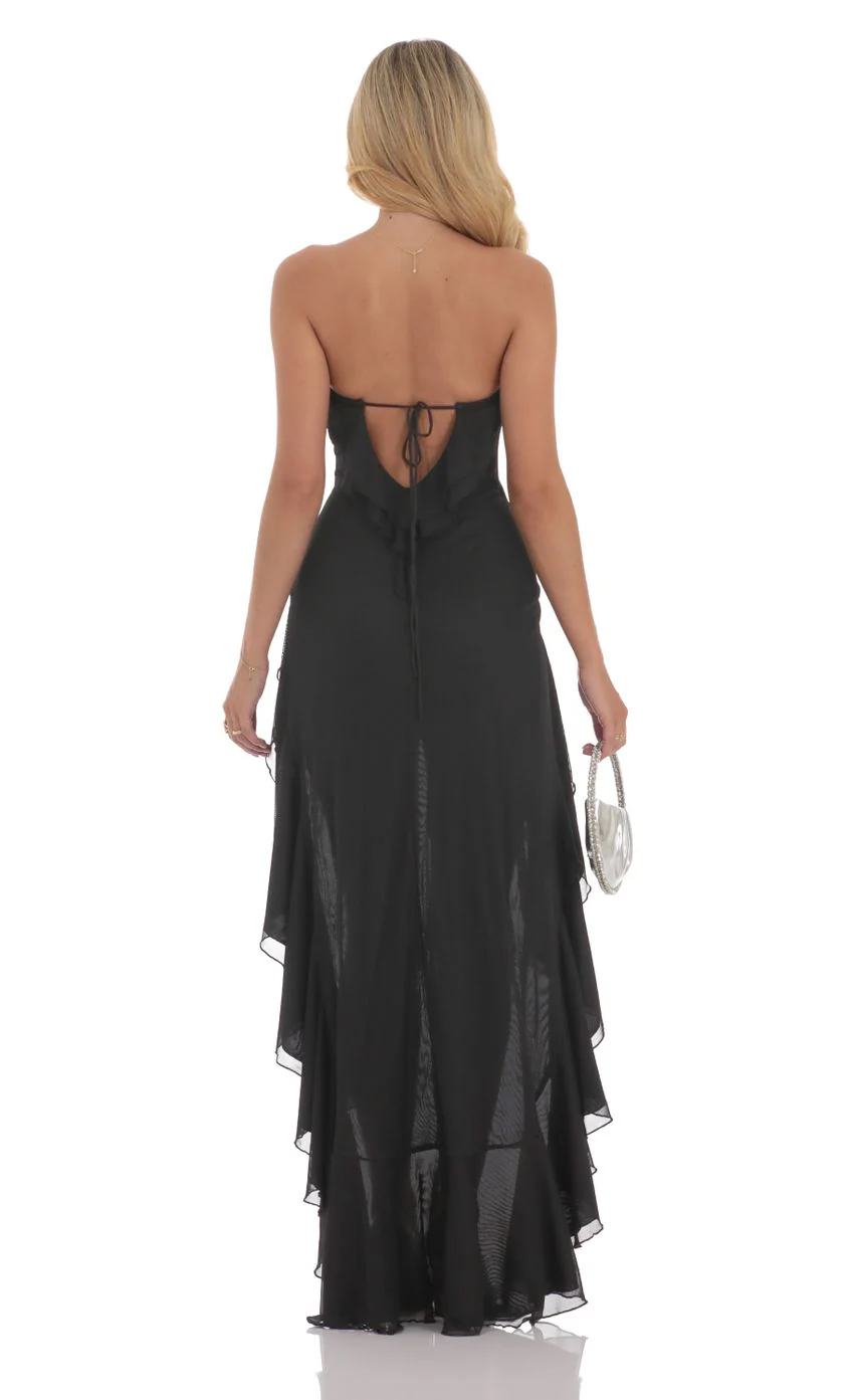 Strapless Mesh High Low Dress in Black