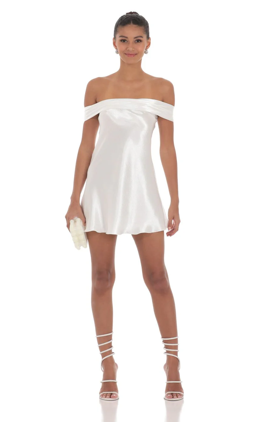 Satin Off Shoulder Dress in White