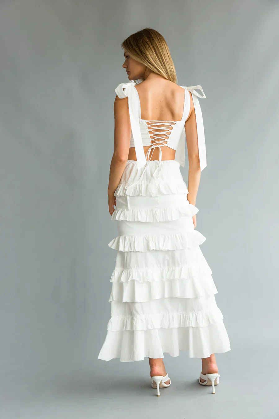 Dawn Bow Strap Bustier Top + Tiered Ruffle Skirt Set