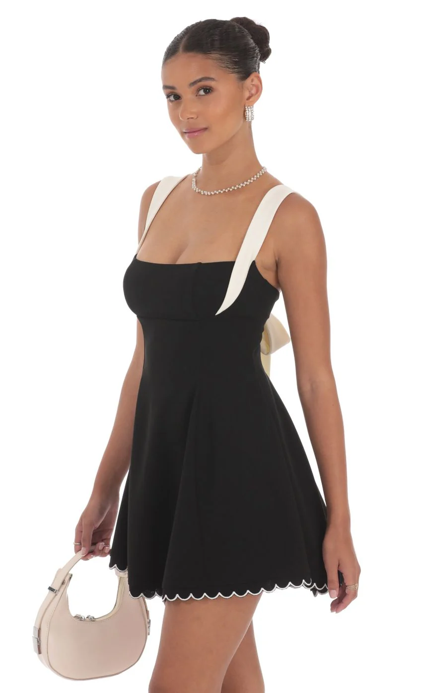 Scallop Hem Fit and Flare Dress in Black