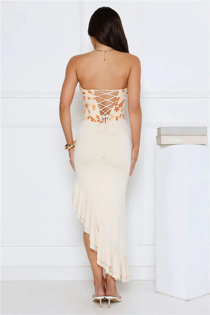 Enchanted Affection Strapless Sequin Midi Dress