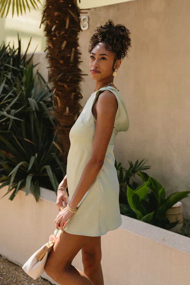 Ella Sage Green Satin Cowl Mini Dress
