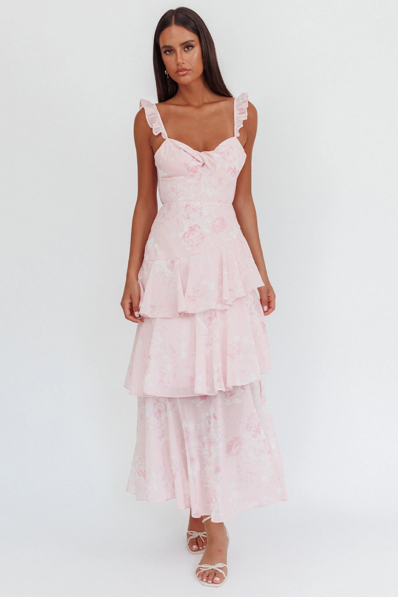 Veda Ruffle Strap Split Maxi Dress Roses Blush