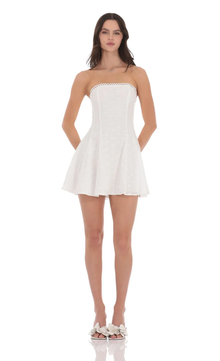 Eyelet Floral Strapless Dress in White