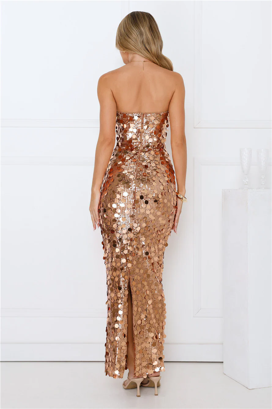 Glistening Grandeur Strapless Sequin Maxi Dress Gold