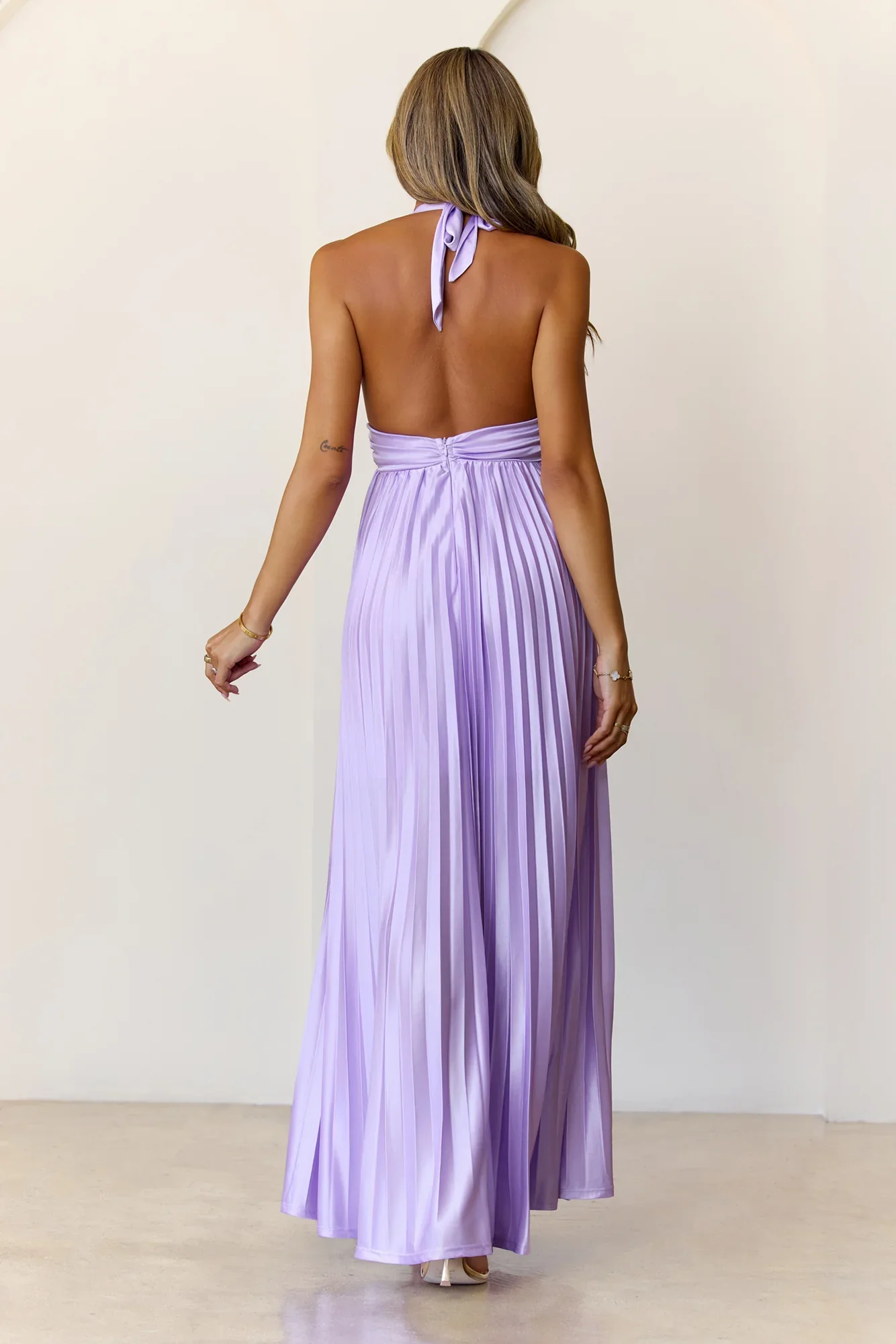 Shimmering Sea Pleated Halter Maxi Dress