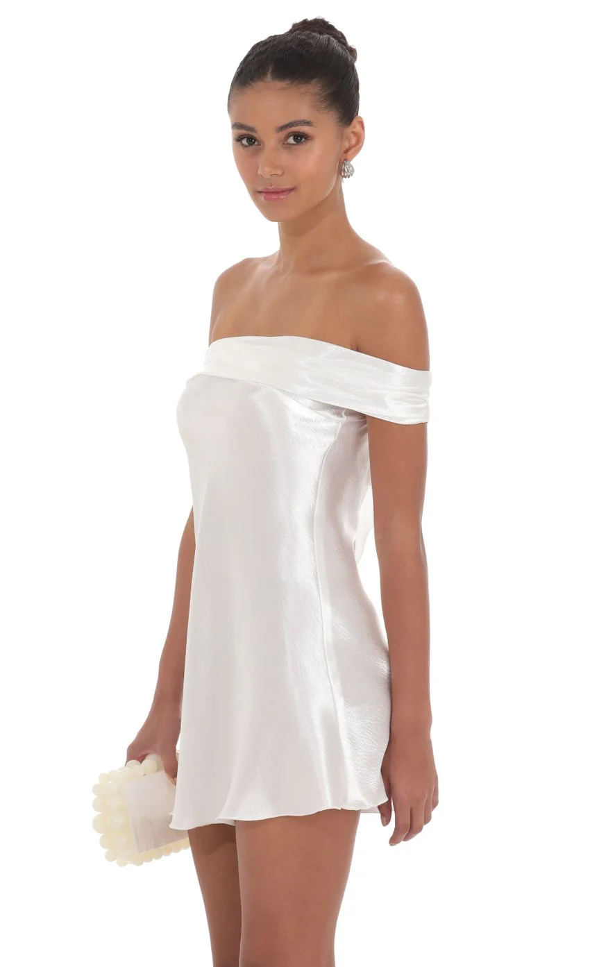 Satin Off Shoulder Dress in White