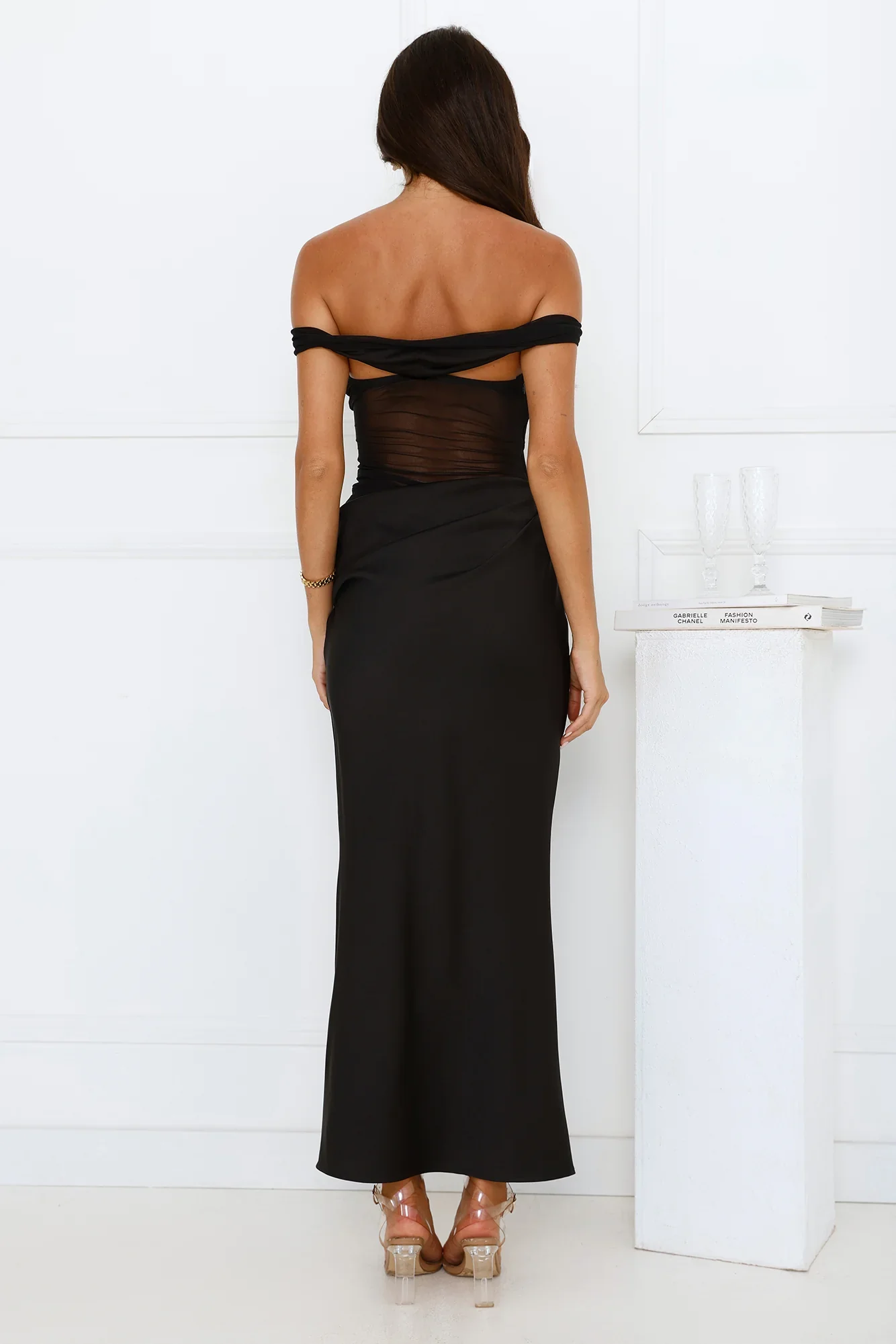 Silent Dreams Mesh Satin Off Shoulder Maxi Dress
